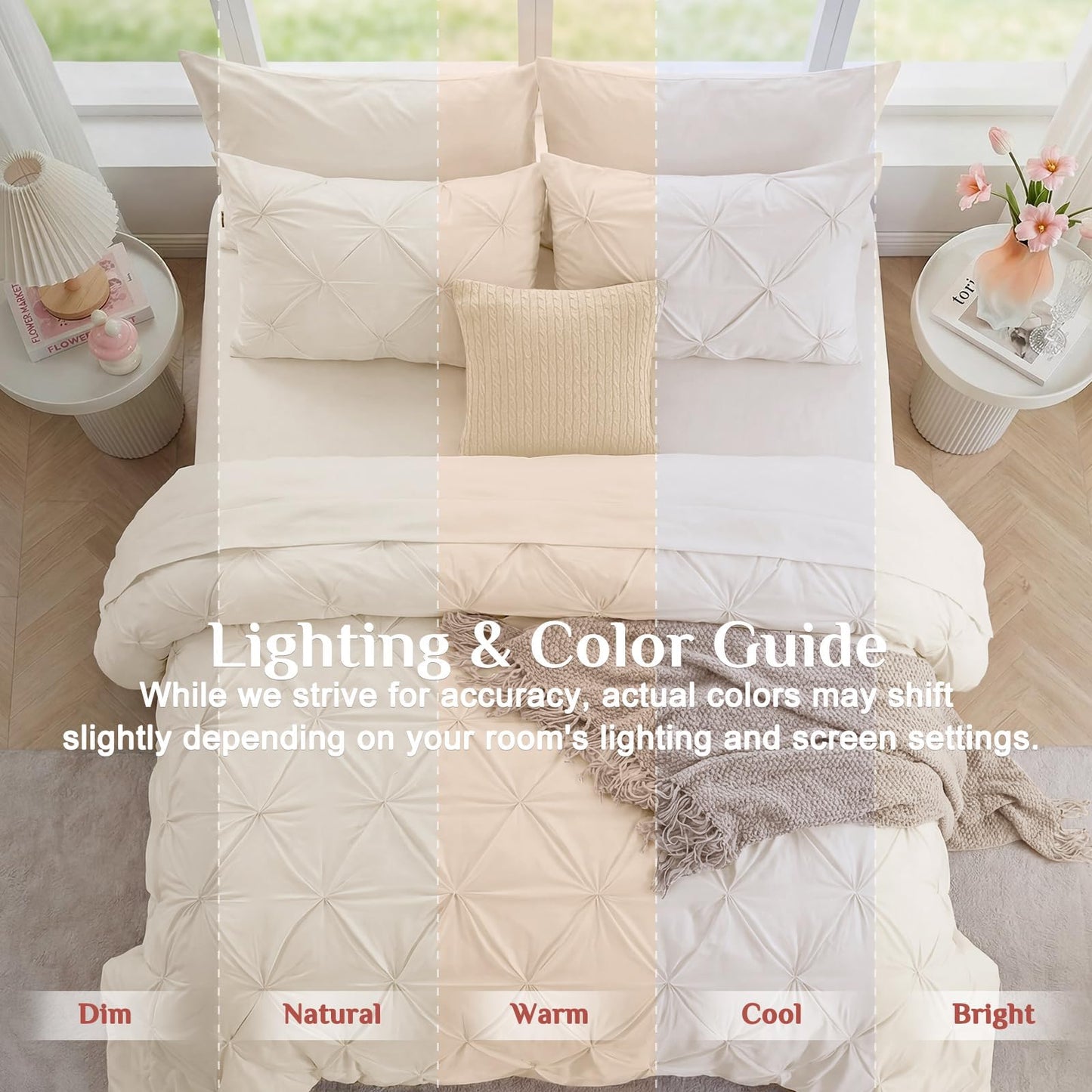 JOLLYVOGUE Queen Comforter Set 7 Pieces - Bed in a Bag Queen for All Season, Pintuck Bedding Comforter Sets with Comforter, Flat Sheet, Fitted Sheet and Pillowcases & Shams, Beige