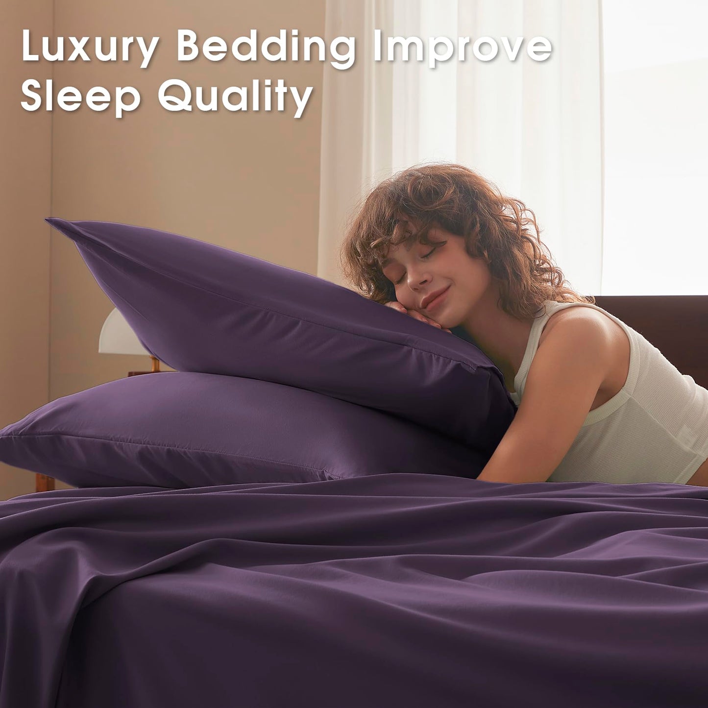 USXIBEI Queen Size 4 Piece Sheet Set - Comfy Breathable & Cooling Bed Sheets Set, Soft and Wrinkle Free, Deep Pockets, Easy & Secure Fit, Hotel Luxury Bedding - Oeko-Tex - Purple