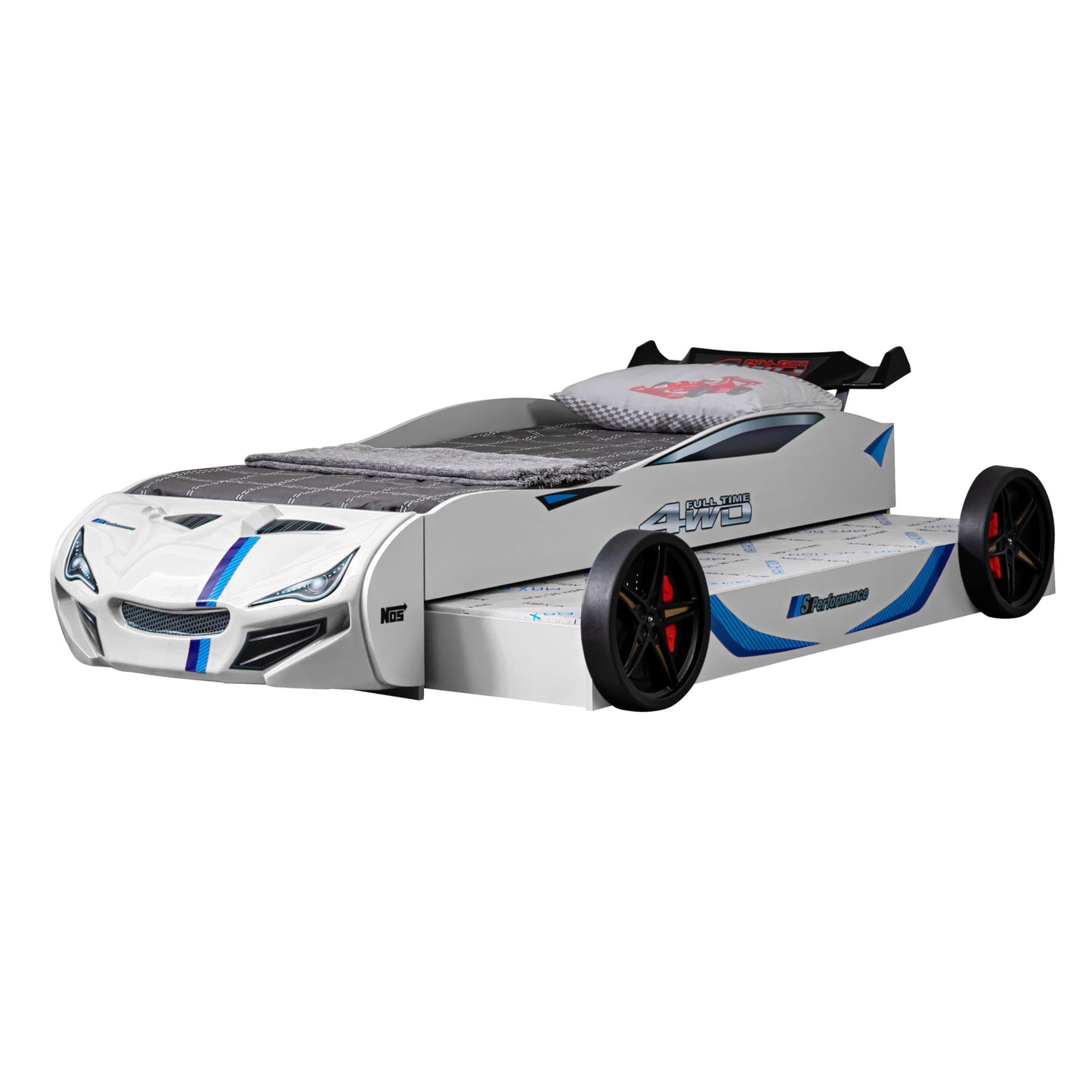 Furniture of America Redvers Modern Wood Twin-Size Kid Bed with Race Car Design and Pull-Out Trundle, No Box Spring Required for Toddler, Teens, Boys or Girls, White