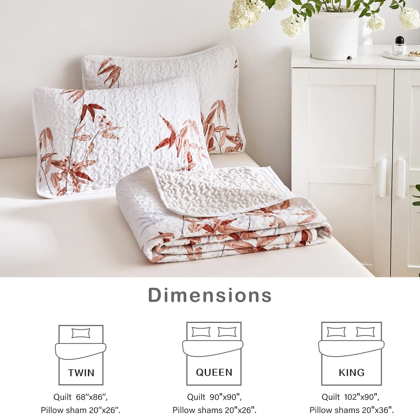 Botanical Quilt Set 3 Pieces King, Burnt Orange Leaves on White Design Reversible Bedspread Coverlet Set, Soft Microfiber Lightweight Bed Cover for All Season (102" x 90", 1 Quilt+ 2 Pillow Shams)