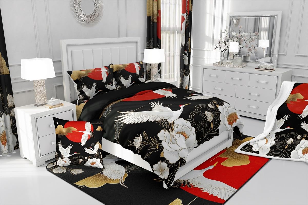 Feelyou Japanese Crane Bedding Sheets Full Black Gold Ukiyoe Theme Bed Sheet Set for Adult Kids Asian Anime Fitted Sheet Wild Animal Bed Cover 3Pcs,1 Fitted Sheet+2 Pillow Sham(No Flat Sheet)