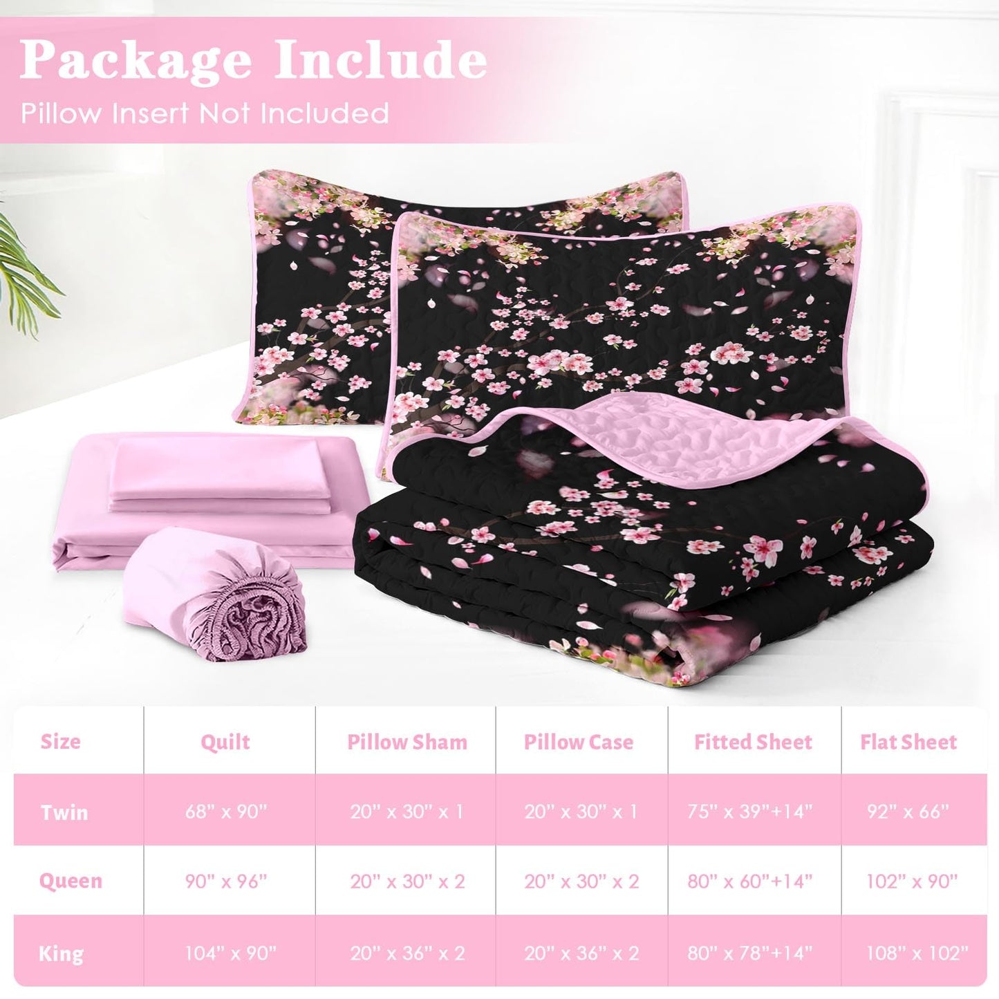 Pamnest 7 Pcs Quilt Set Queen Size, Cherry Floral Pink Soft Bed Cover Bedding Set for Kids and Adults, Japanese Black Bedspread with Fitted Sheet 2 Pillowcases & 2 Shams for All Season