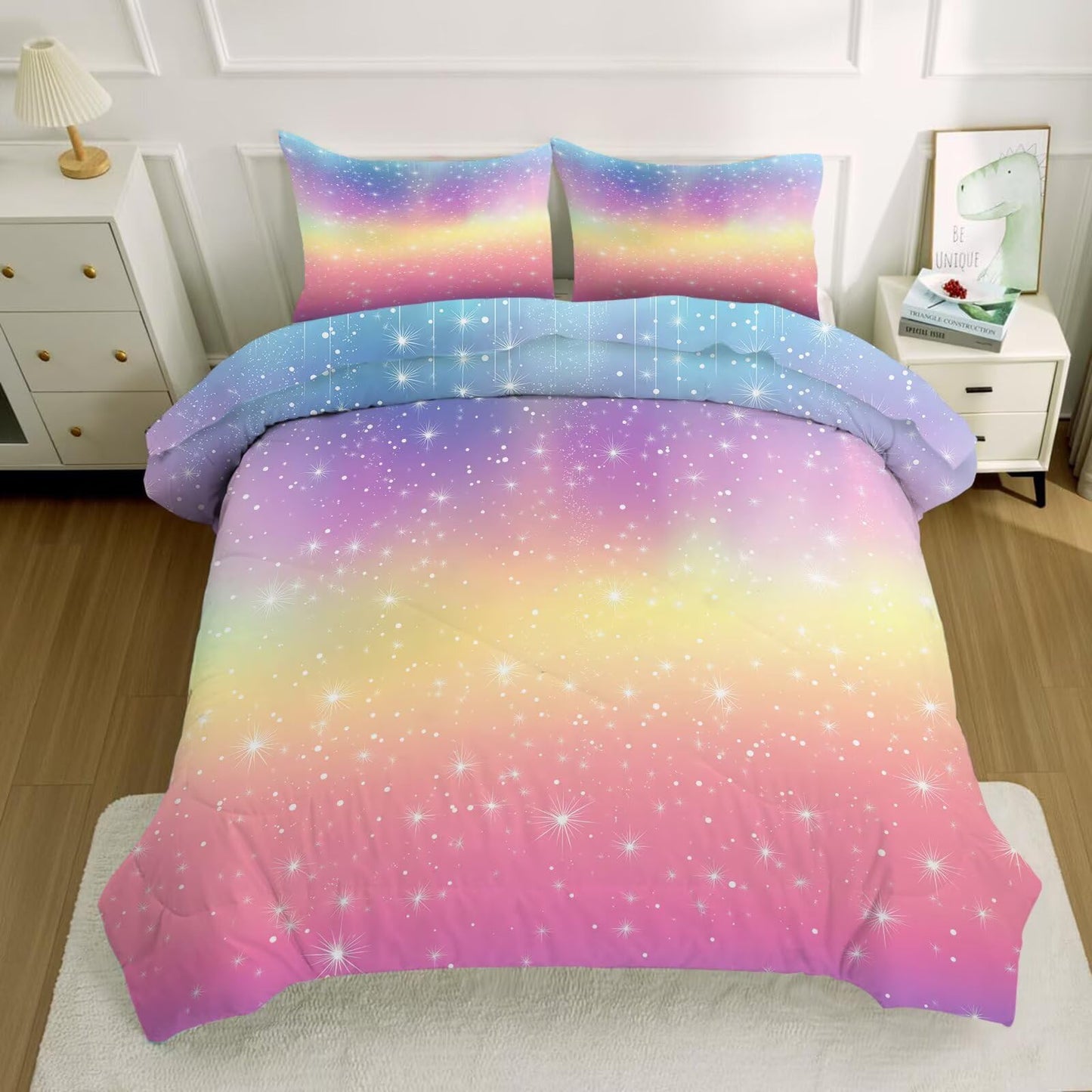 kxry Rainbow Galaxy Gradient Comforter Set Full Tie Dye Microfiber Quilt