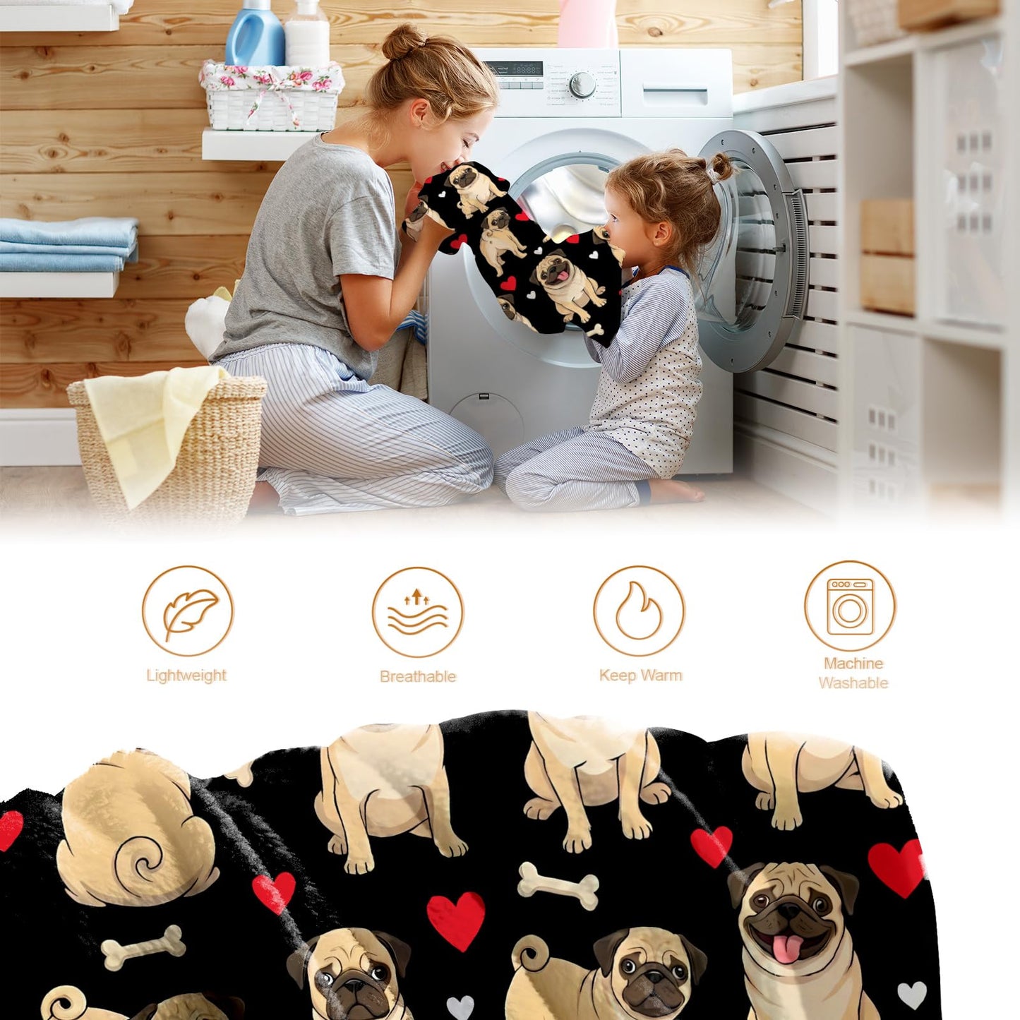 Hohoto Pug Throw Blanket for Girls Women, Gifts for Dog Lovers Birthday Christmas, Puppy Dogs Theme Decor for Home Bedroom Living Room Couch Sofa 50"x60"