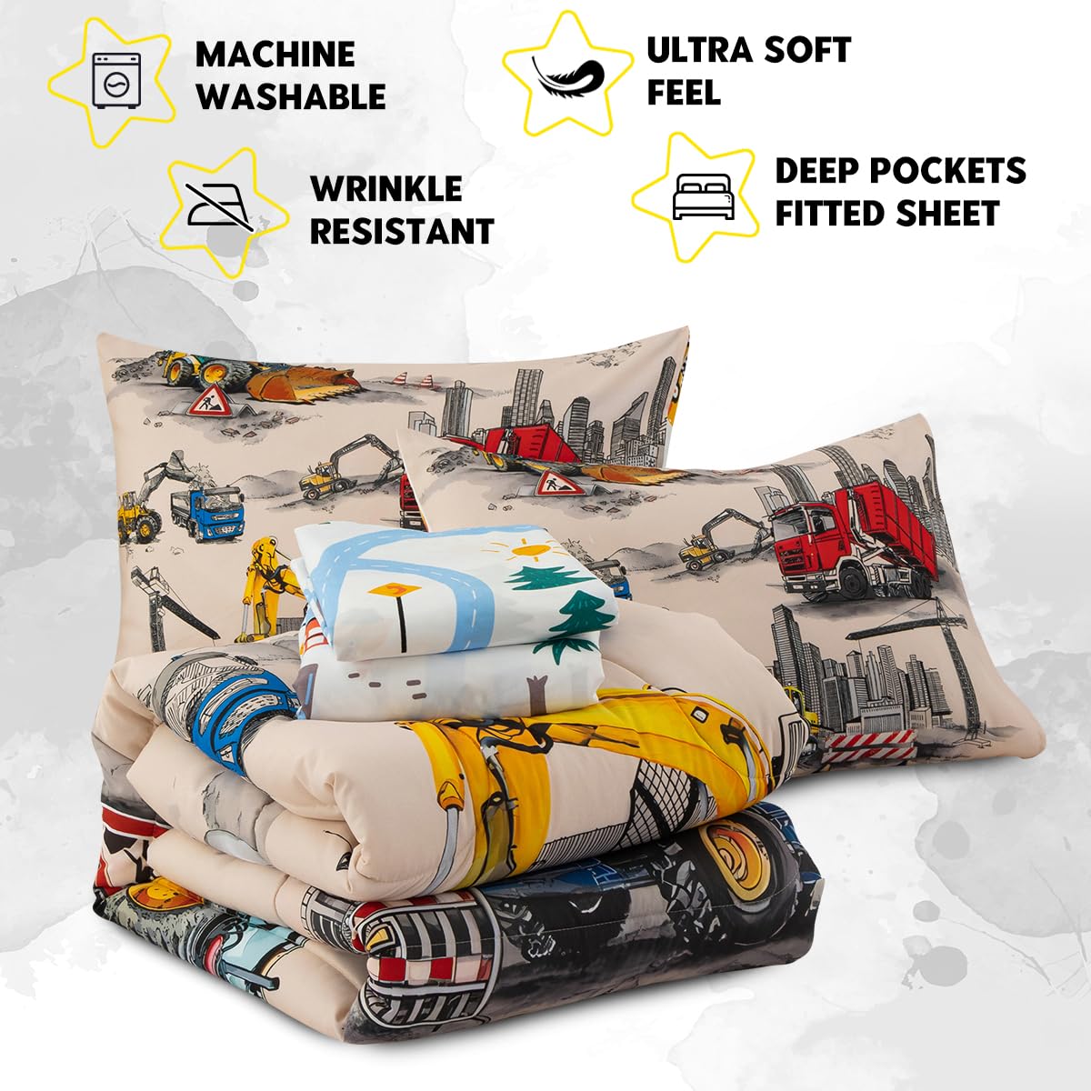 Holawakaka Trucks Tractors Cars Boy Bedding Comforter Set with Sheets, Twin Size Cartoon Construction Car Excavator Print Kids Bed in A Bag 5-Piece, Boys Reversible Dorm Bed Sets (Camel Twin)