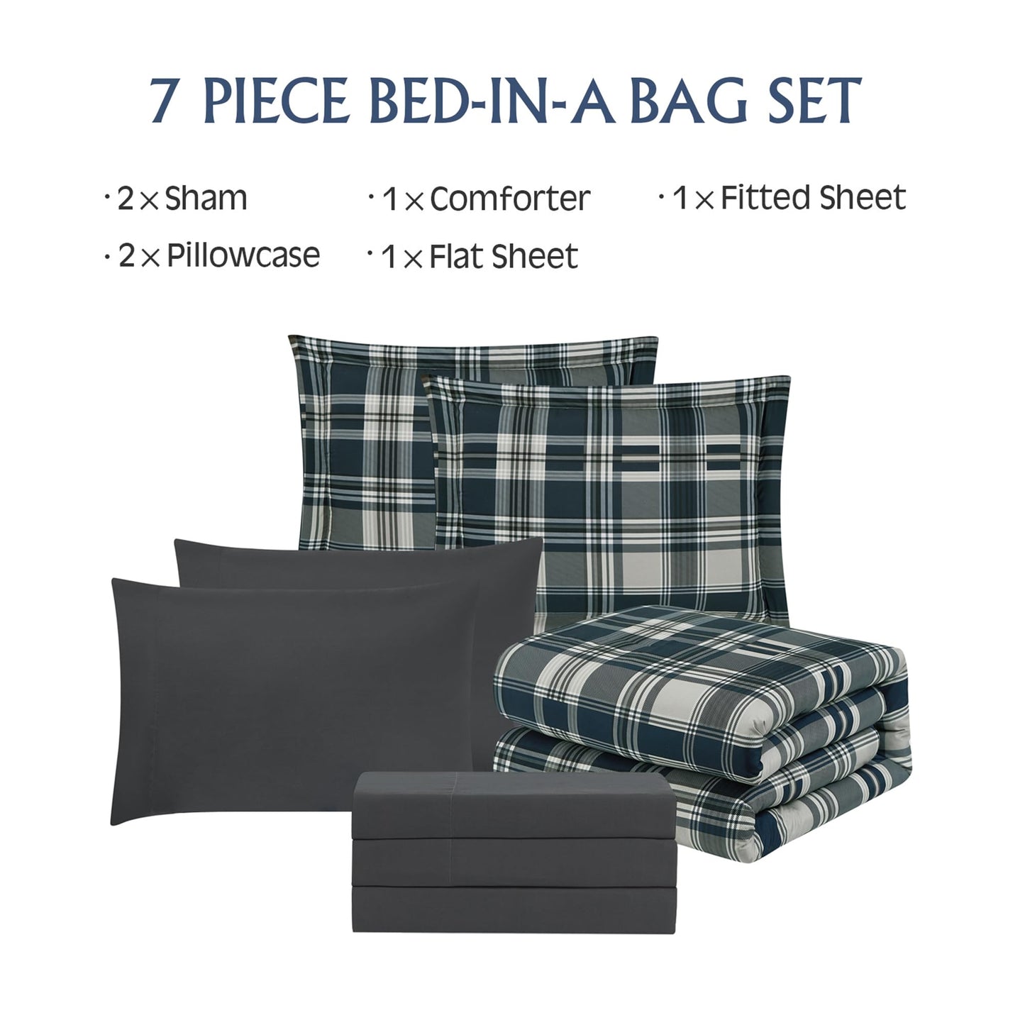 MaiRêve Queen Size Comforter Set Navy Blue, Classic Plaid Farmhouse 7 Pieces Bedding Set, All Season Lightweight Bed in a Bag with Sheets, Pillowcases & Shams