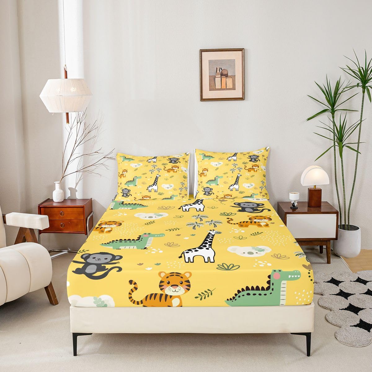 Erosebridal Jungle Animals Bed Sheets Full Cartoon Kawaii Sheet Set for Kids Boys Girls Safari Animals Sheets Monkey Giraffe Crocodile Tiger Flat Fitted Sheet 3 Pcs