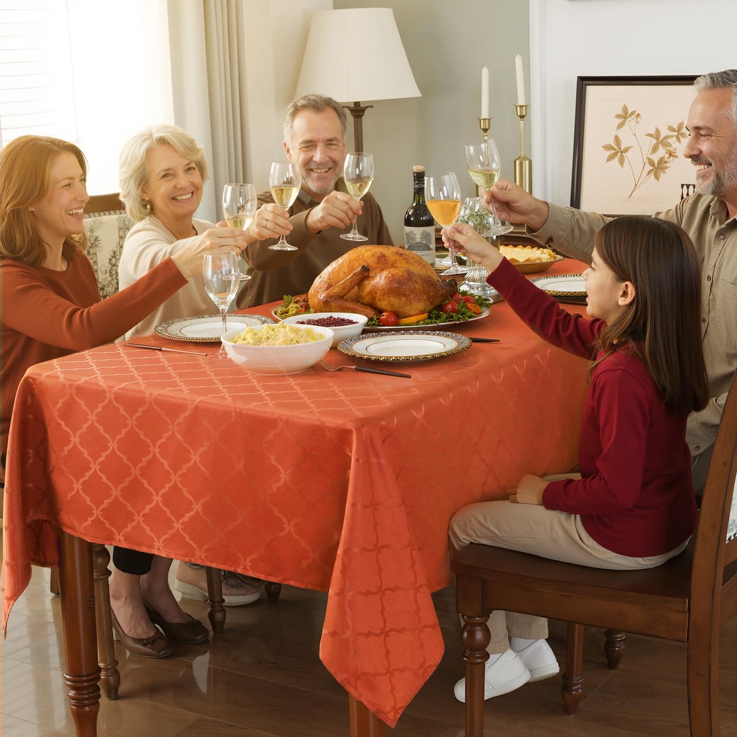 SASTYBALE Thanksgiving Tablecloth Rectangle, Fall Floral Table Cloth Spill Proof Wrinkle Resistant Table Cover for Autumn Harvest, Dining(60"x102",8-10 Seats,Rust/Orange)