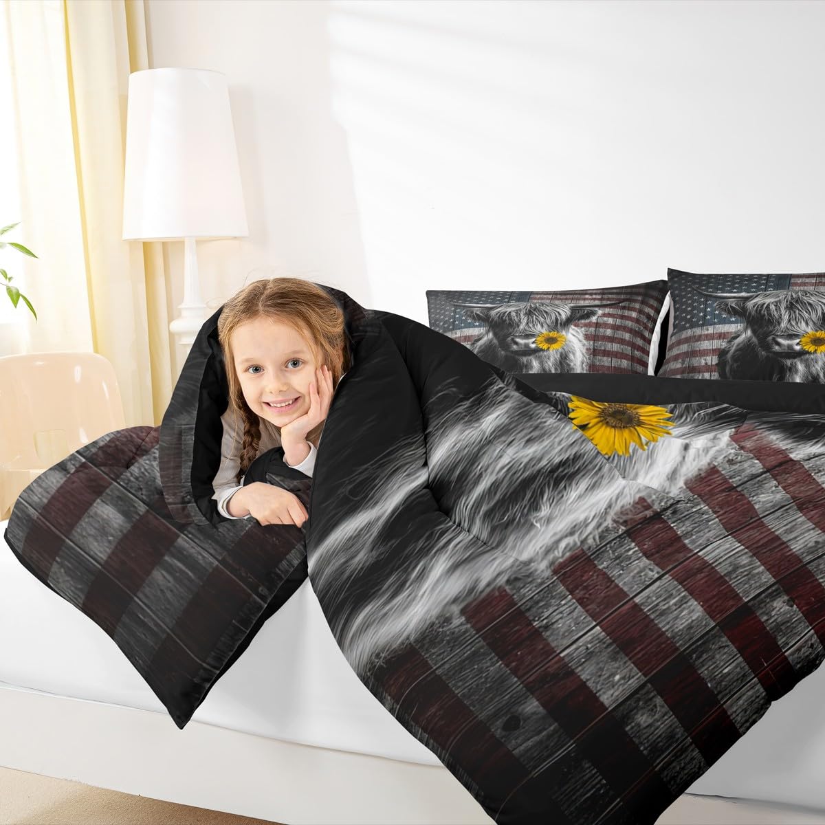 Feelyou Highland Cattle Bedding Set Sunflower Highland Cow Comforter Set for Kids Boys Girls America Flag Bull Comforter Animal Quilt Set 1 Comforter Set with 1 Pillowcase Twin Size