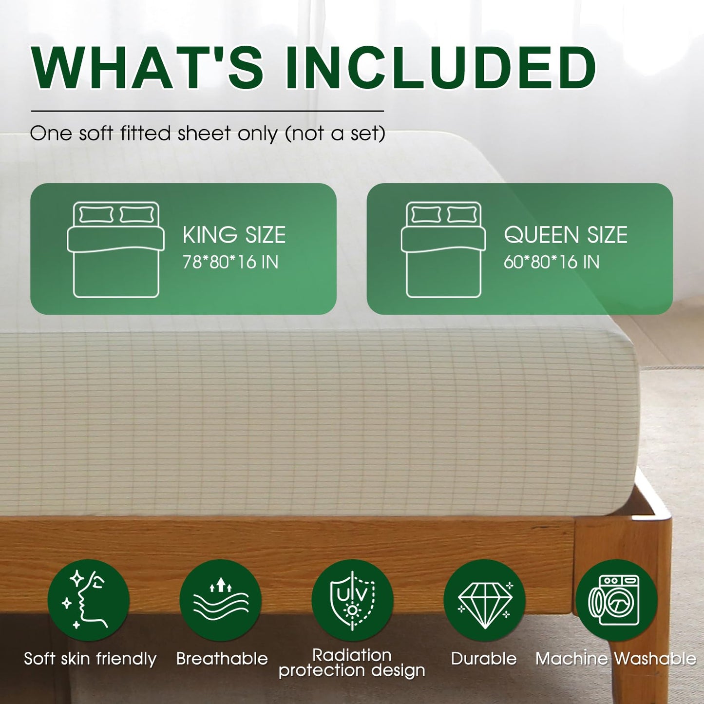 Ivellow Grounding Sheets Queen 10% Pure Silver Fiber 90% Organic Cotton Fitted Sheet Queen Size 16” Deep Pocket Soft Grounded Sheets Earth Connected Bedding Beige Fitted Bed Sheet with Grounding Cord