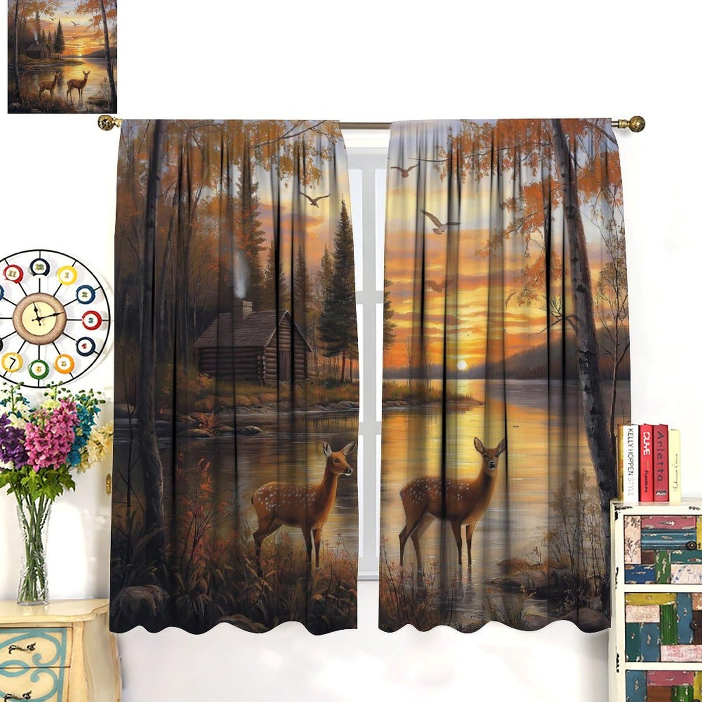 LOMADIA Wildlife Deer Blackout Curtains, Rustic Forest Sunset Lake Farmhouse Animal River Elk Pattern Drapes Home Window Treatments Curtain for Kitchen Bedroom Living Room Decor 42" W x 45" L