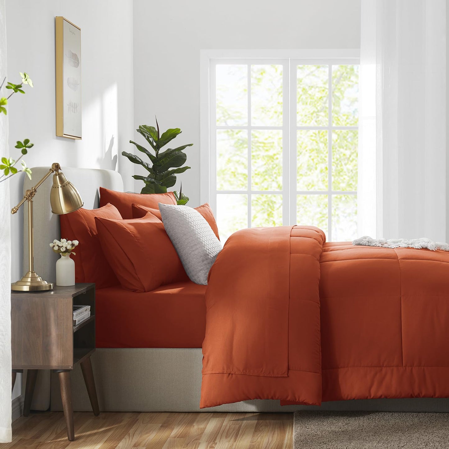 CozyLux Queen Comforter Set Terracotta, 7 Pieces Bed in a Bag, Burnt Orange Fall Comforters Queen Size, All Season Bedding Sets with Stitch Quilted Comforter, Flat Sheet, Fitted Sheet, Pillowcases