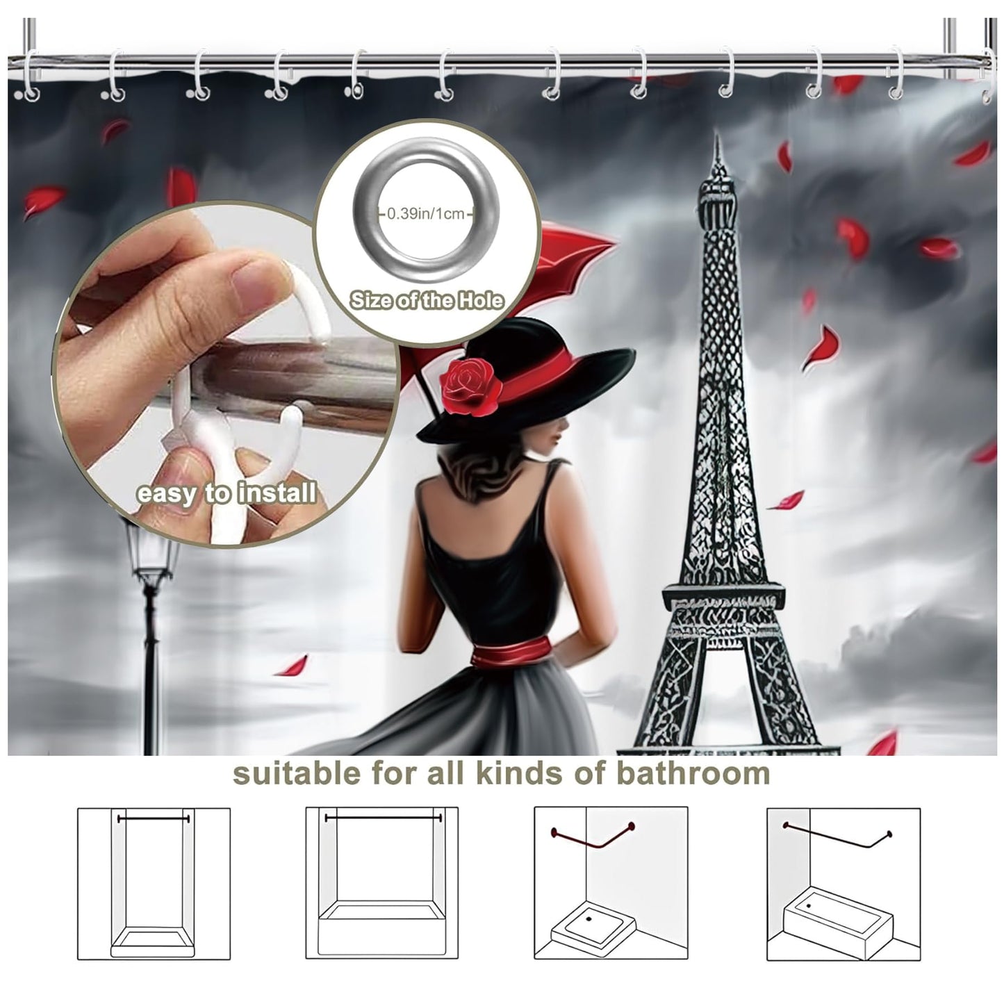 Glioown Black Red Paris Eiffel Tower Shower Curtain 60Wx71L, Elegant Lady Romantic Shower Curtains for Bathroom, Rose Scenery Shower Curtain Set 12 Pack Hooks