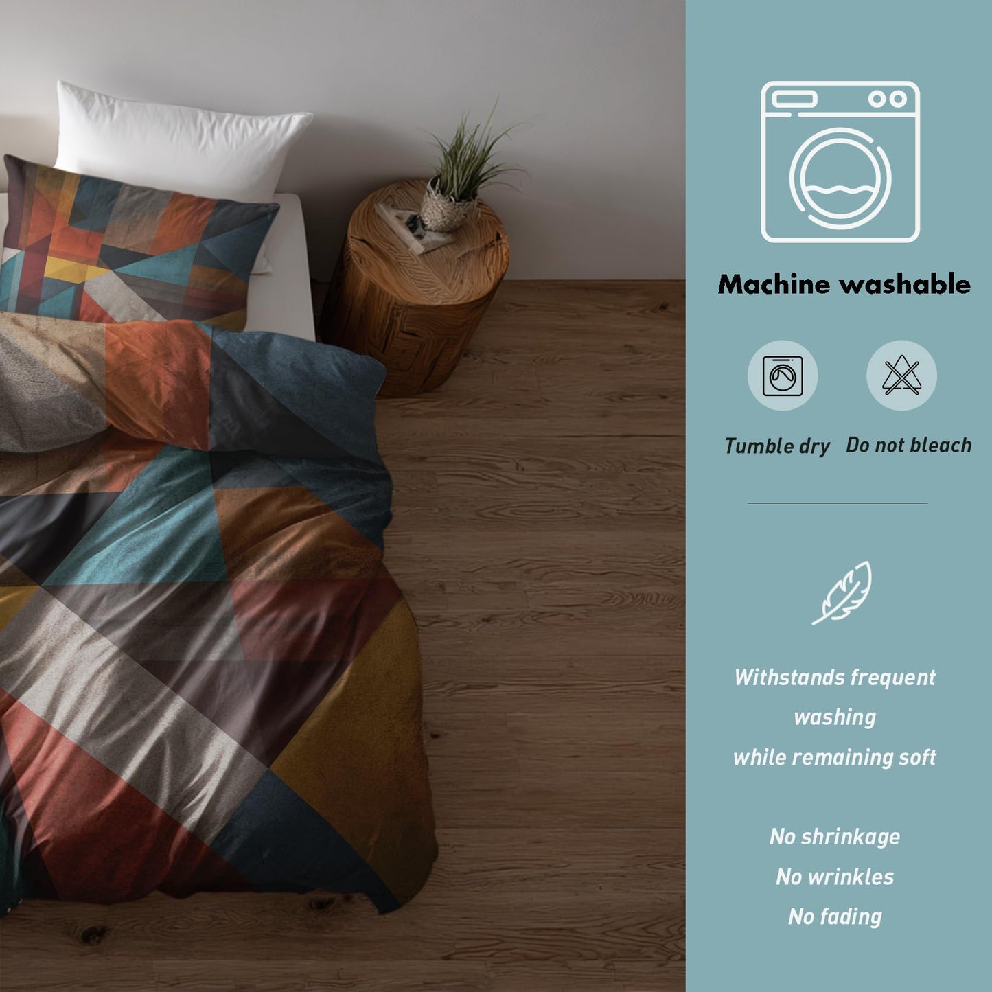 Patchwork Geometric Queen Duvet Cover Set 3 Piece, Retro Abstract Art Reversible Bedding with 2 Pillow Shams, Zipper & Ties, Ultra Soft Microfiber, Geometric Bedroom Decorations 60A-T