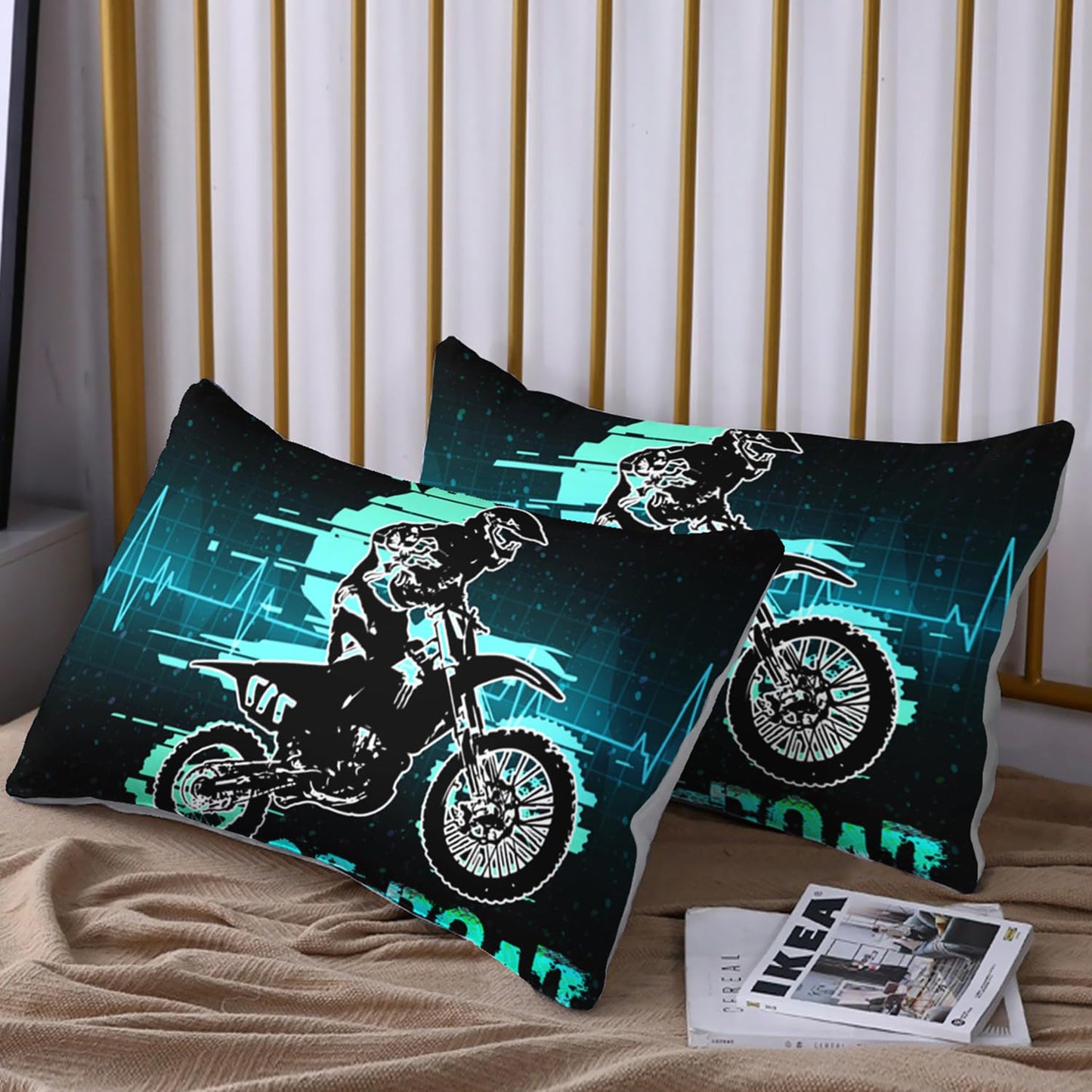 HOSIMA Extreme Sport Theme Fitted Sheet Motorcycle Twin Bedding Set for Boys Kids Teens,Dirt Bike Tournament Kids Game Room Decor,Motocross Rider Green Fitted Sheet with 2 Pillowcases.
