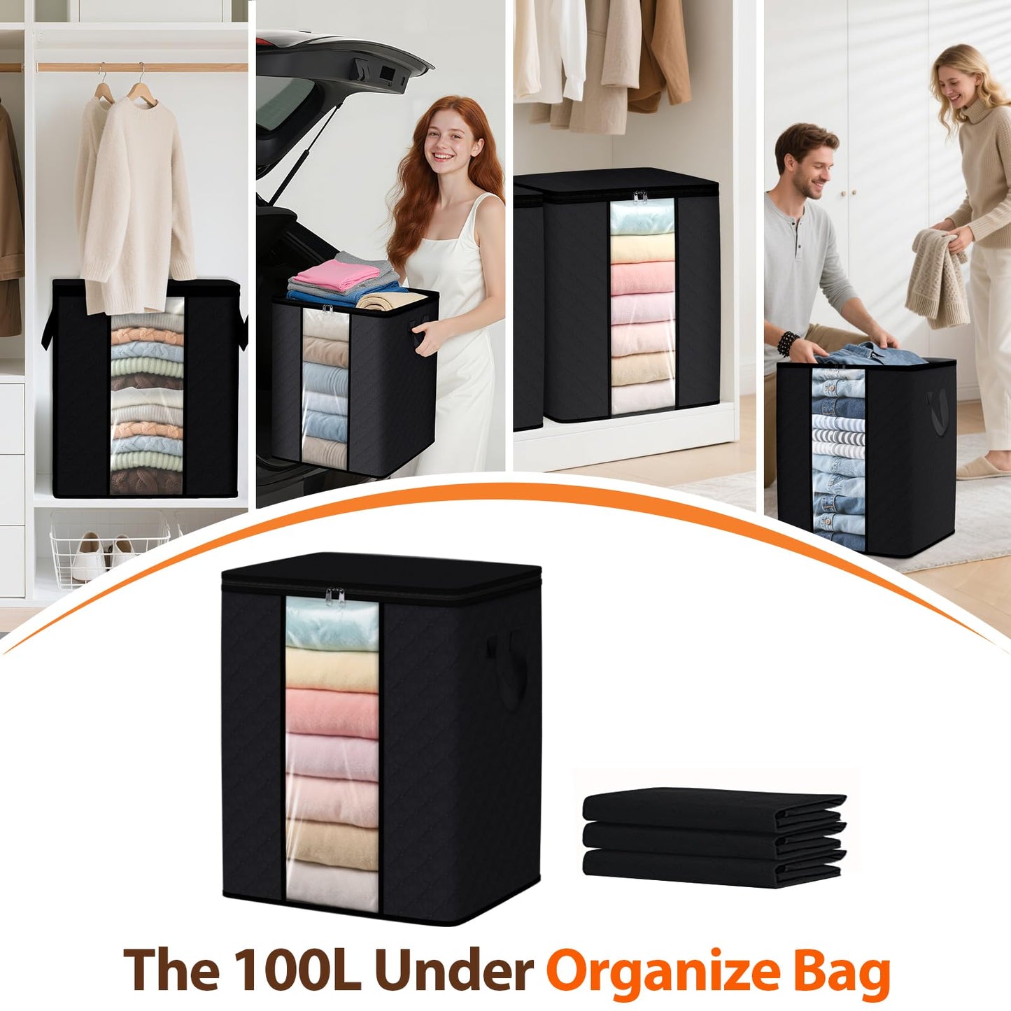 SpaceWhisper 3 Pack 100L Clothes Storage, Foldable Thick Fabric Blanket Storage Bags, Containers for Organizing Bedroom, Closet, Clothing, Comforter,Closet Organization with Handle,Black