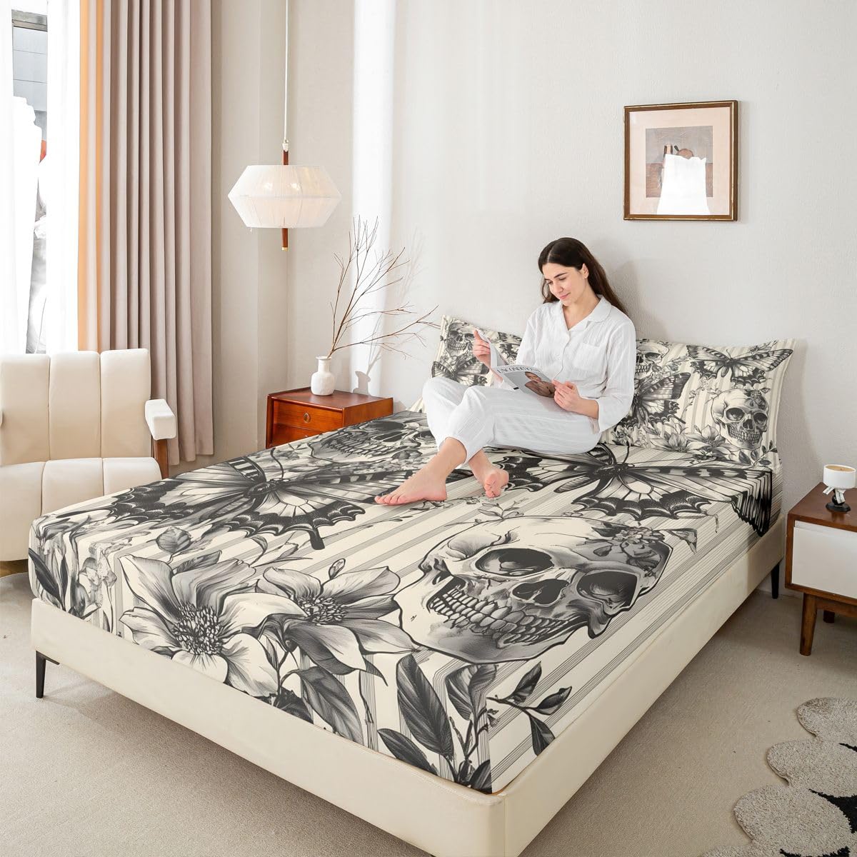 jejeloiu Black Skull and Butterfly Bed Sheets Set Queen Size Happy Halloween Bed Set Grey and White Deep Pocket Fitted Sheet Breathable Soft Lightweight Microfiber