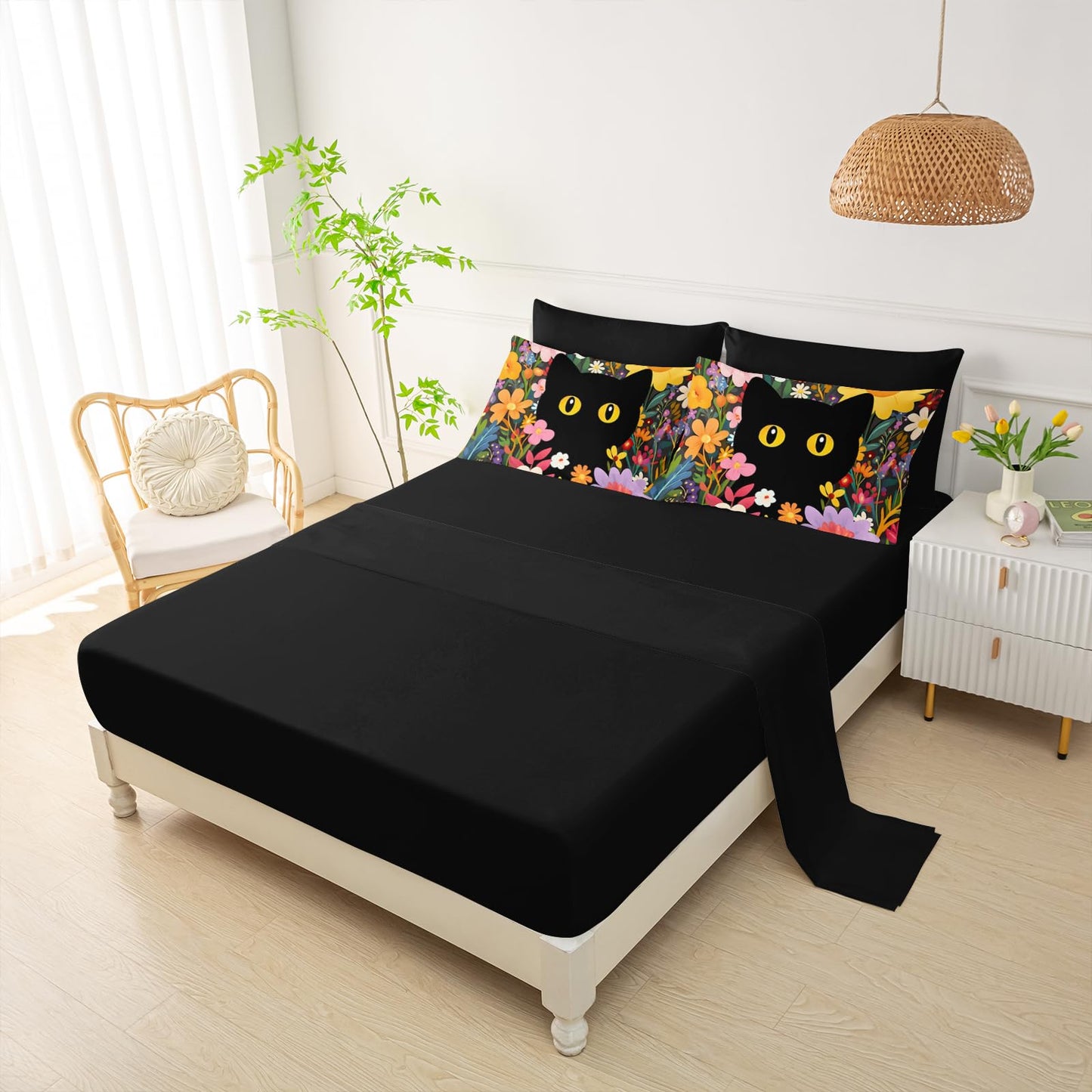 QOOMO Floral Cat 7 Pieces Comforter Set Queen Size,Floral Cat Bedding Set for Kids Teens Girls-Include 1 Comforter,1 Fitted Sheet,1 Flat Sheet,2 Printing Pillowcases and 2 Black Pillowcases