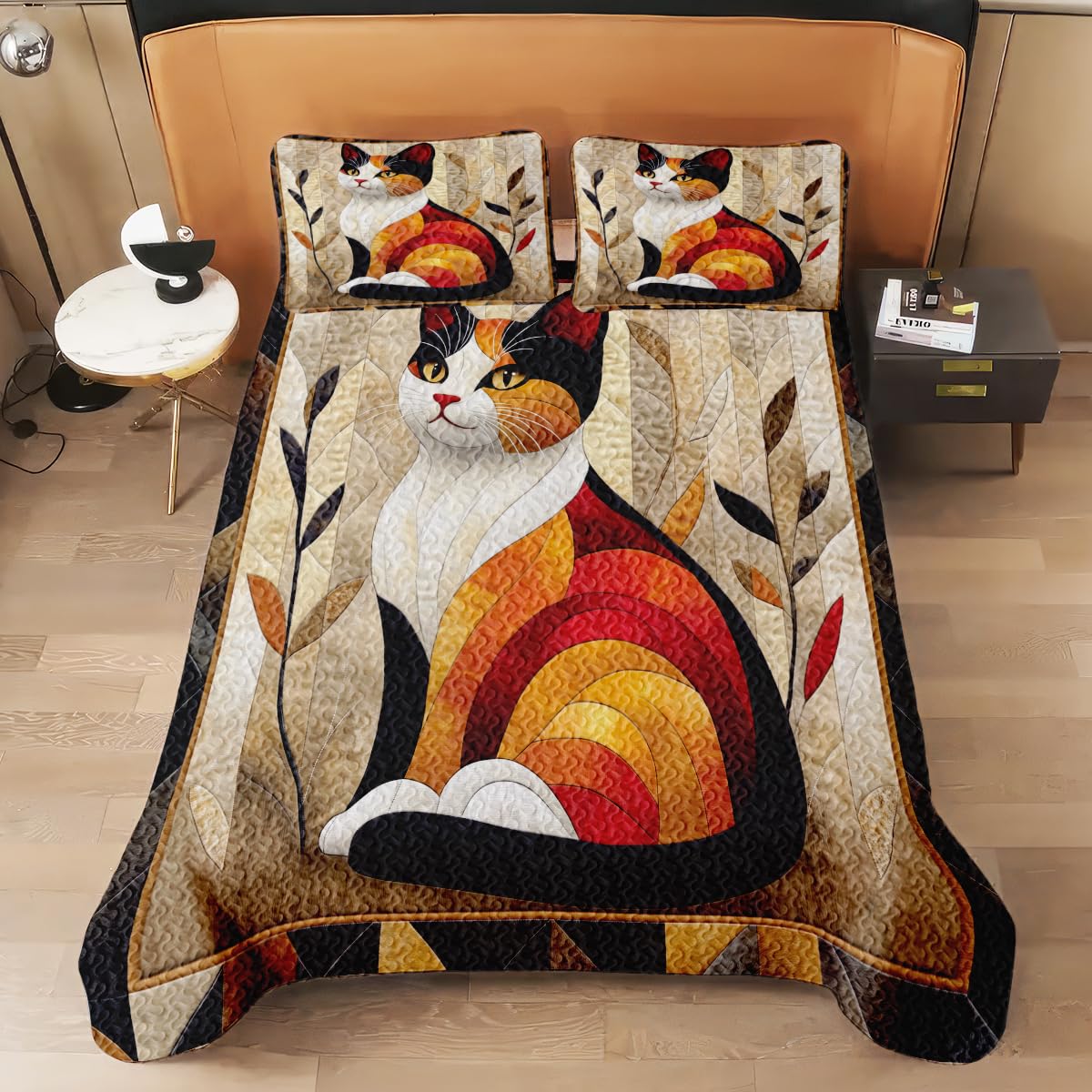 Jeminise Cat Quilt Set - Cat Patchwork Style Printed Bedding, Animal Patchwork Bedset, Farmhouse Blanket with Pillowcases, Premium Quilt Pattern Bedding Set, Twin Full Queen Size