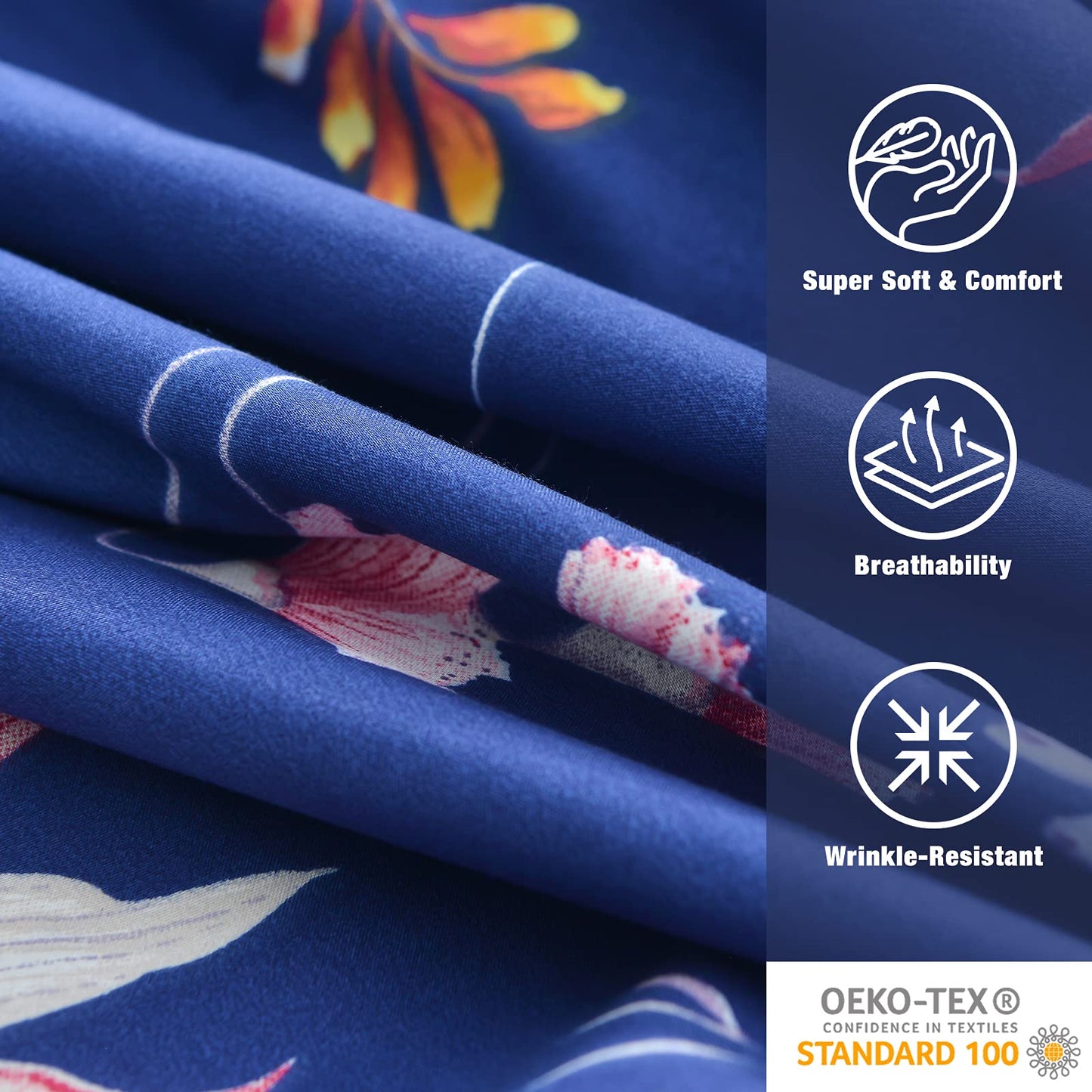 JSD Navy Floral Sheet Set King Size, 4 Piece Soft Printed Microfiber Sheets Extra Deep Pocket