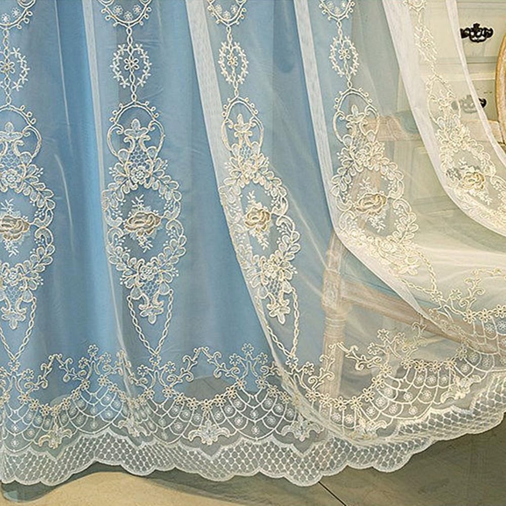 Amidoudou 1 Pair European Double Layer Curtains with Valances for Living Room Bedroom 3D Flower Embroidered Curtains (Blue,63x96 Inch)