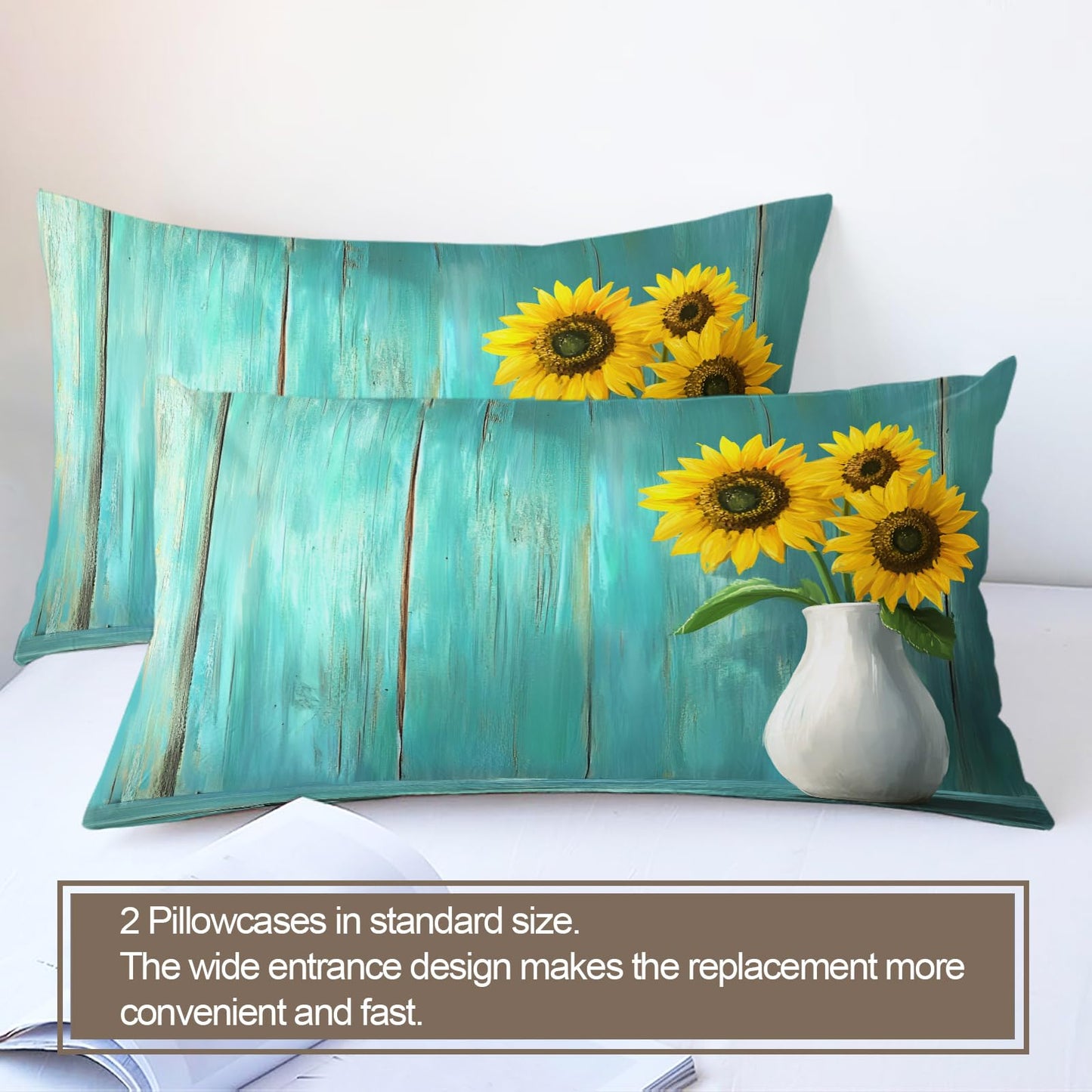PAISUOQ Rustic Bedding Sets, Sunflowers Duvet Cover Queen, Teal Wood Grain Comforter Cover with Zipper Ties, 3 Pieces with 2 Pillowcases, Home Decor & Gifts