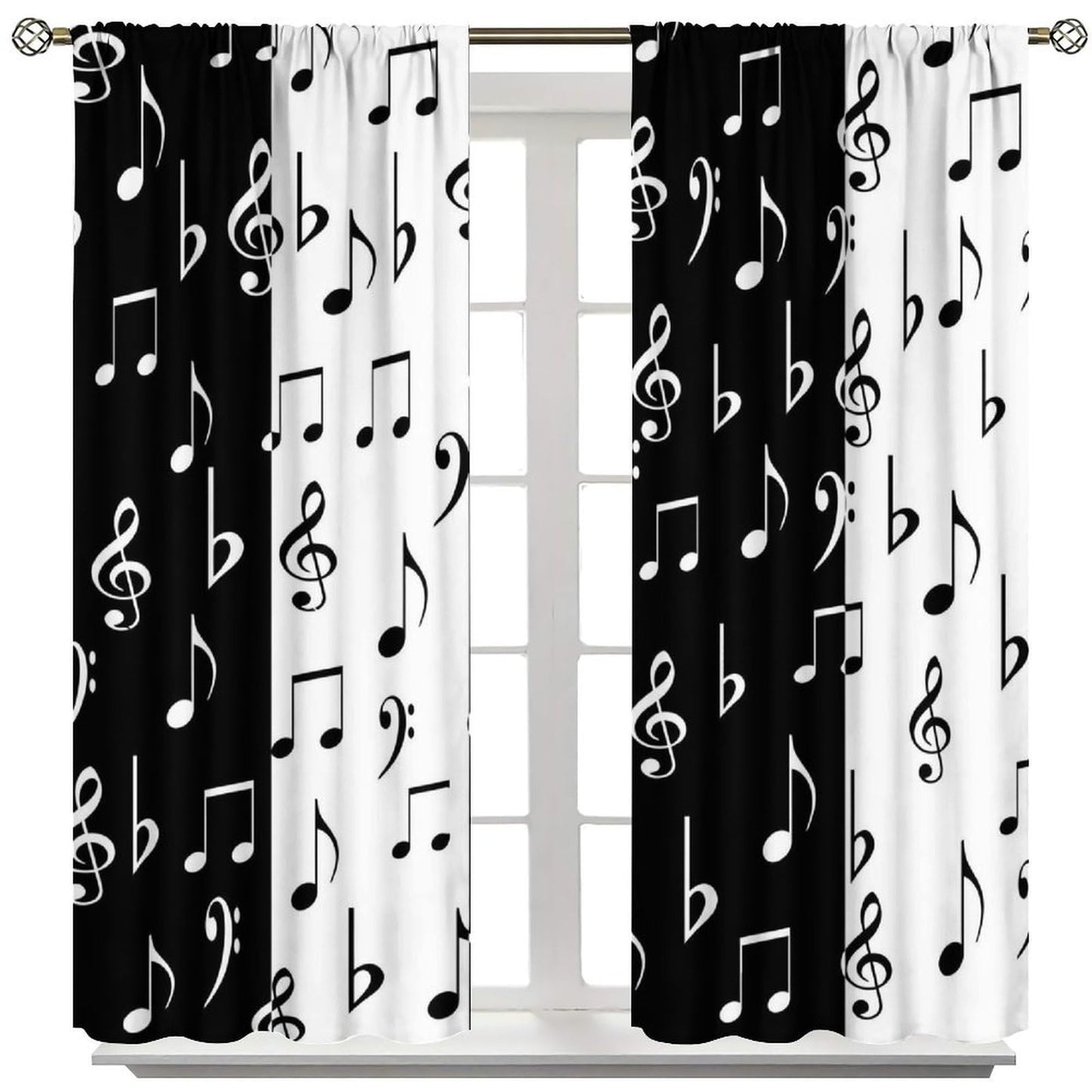 HZOHNAGO Music Curtain Black and White Music Notes Pattern Blackout Print Rod Pocket Window Drapes for Bedroom Living Room 42x45in