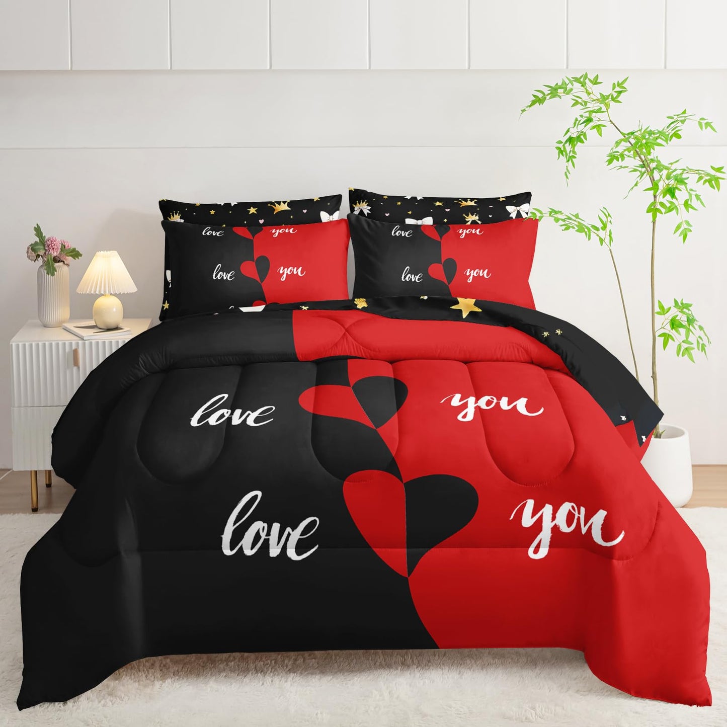 AILONEN Red Black Love Comforter Set Full Size,7-Piece Soft Bed in a Bag,Valentine Couples Printed Comforter & Fitted Sheet & Flat Sheet & 2 Pillowcases,2 Pillow Shams for Bedroom