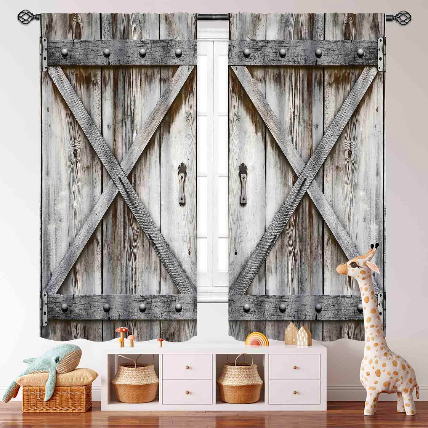 Barn Door Wooden Kitchen Curtains,Rustic Farm Farmhouse Country Retro Rustic Western Cafe Short Tier Curtains Decor for Living Room Garage Cabin Window Drapes 2 Panels,42X45 Inch