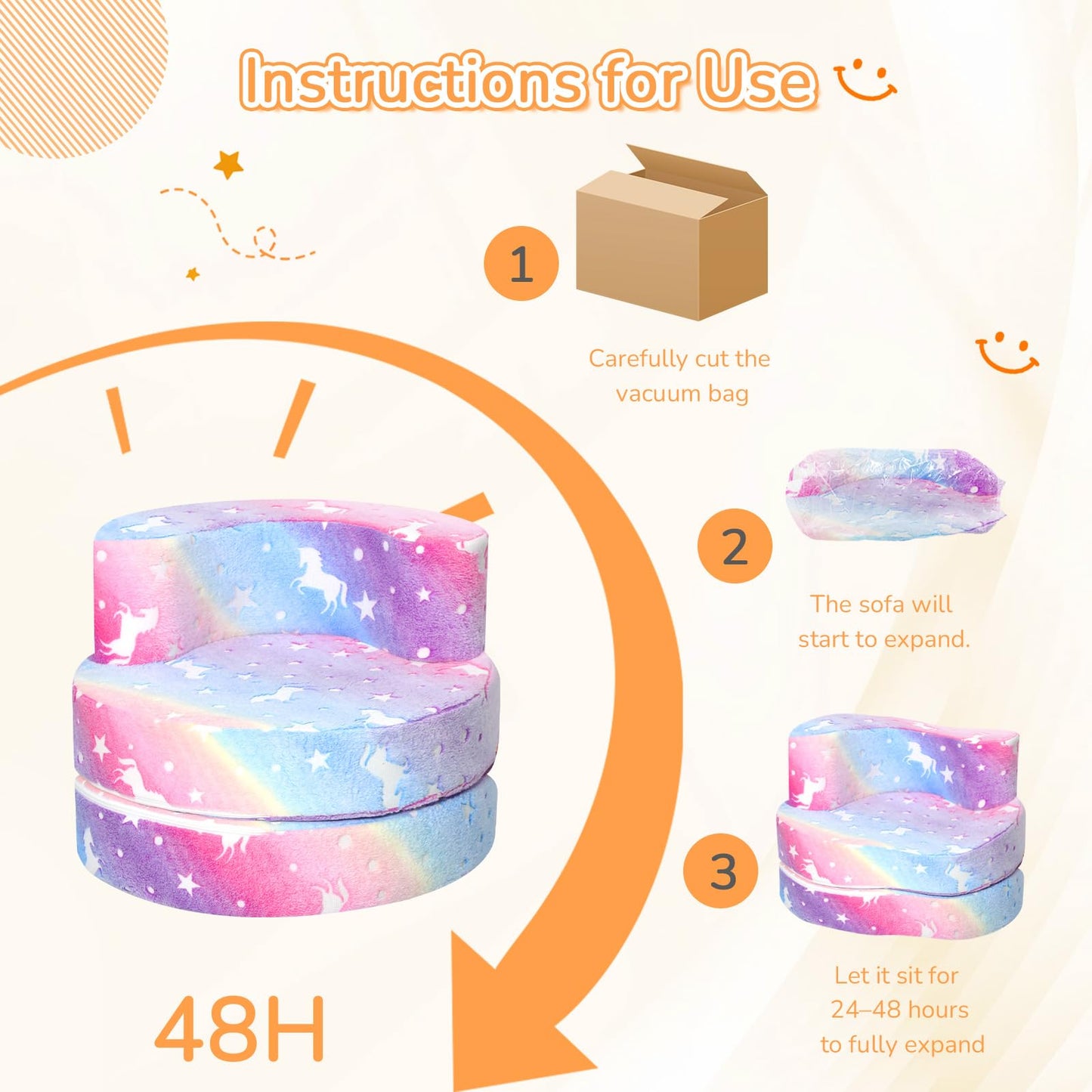 MeMoreCool Unicorn Kids Couch, Flip-Open Kids Chair, Glow Print, Rainbow