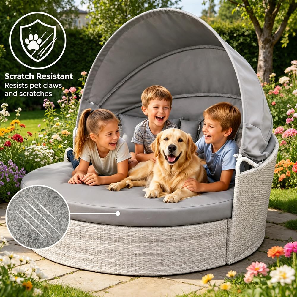 Patikvale Outdoor Daybed Cushion Cover, with 3 Pillow Cases, 66‘’ Daybed Cushion Cover Water-Resistant Fitted Patio Daybed Mattress Replacement Cover for Outdoor Daybed Cushion, Round Bed Cushion