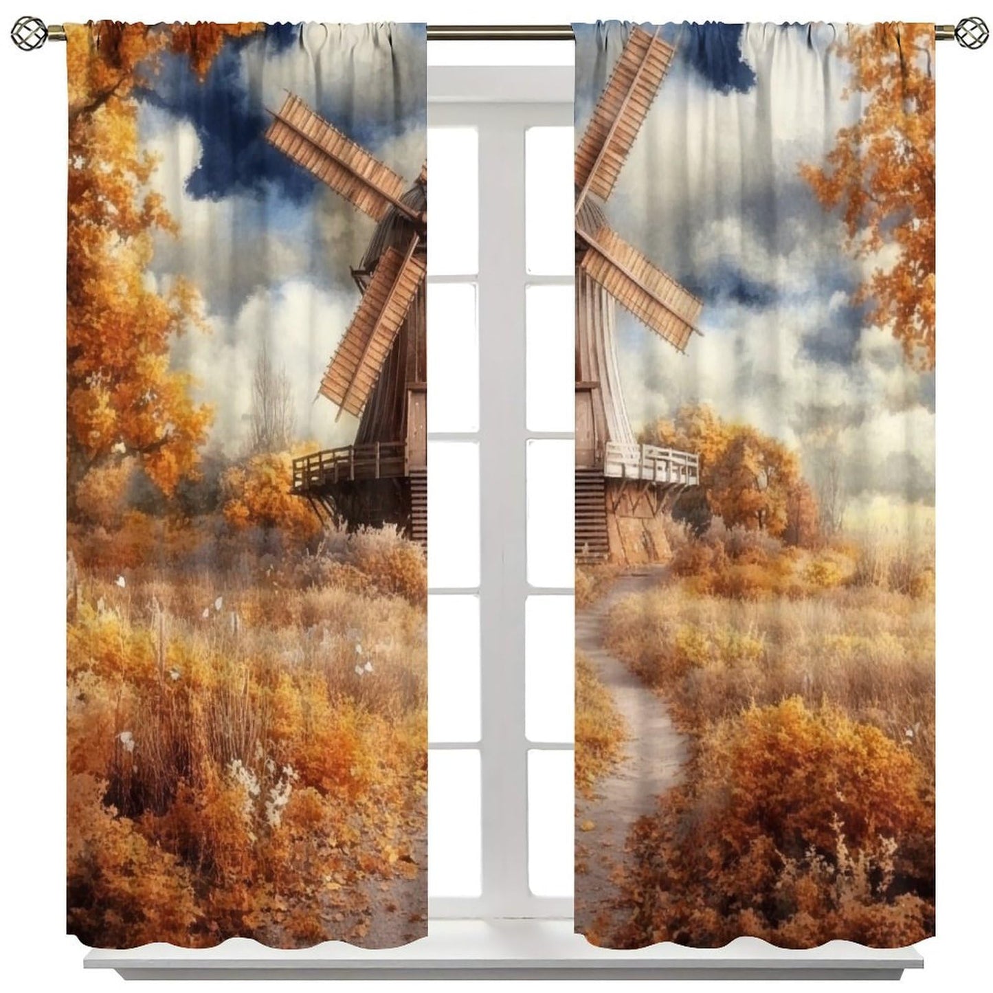WDHTEXT Rustic Windmill Scenery Blackout Curtains, Thermal Insulated Path Tree Rod Pocket Window Drapes for Living Room Bedroom Decor, 2 Panels, Each 21W x 45L