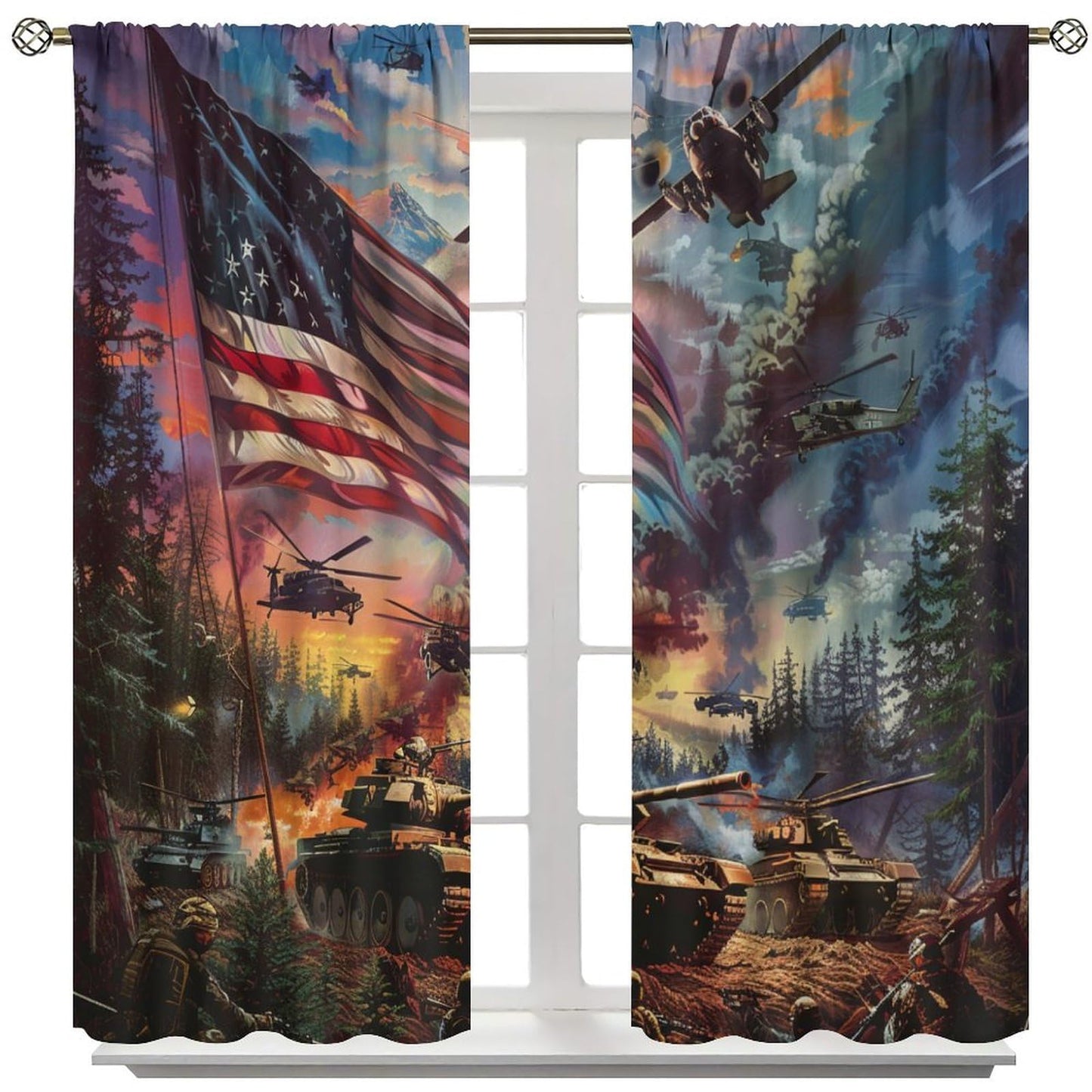 TOWINSFB Military War Theme Blackout Curtains, USA Tank Plane American Soldier Home Decor Rod Pocket Window Drapes for Living Room Bedroom - 42" W x 45" L