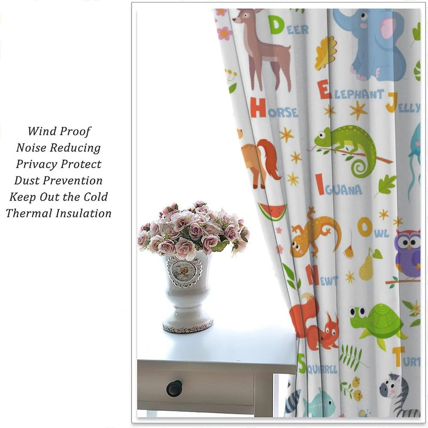 Learning Education ABC Curtains for Kids,Cartoon Watercolour Animals Plants Flowers Toddlers Alphabet Learning Plants Fruits Window Drapes for Boys Girls Baby Nursery Bedroom 42x45in(No Blackout)