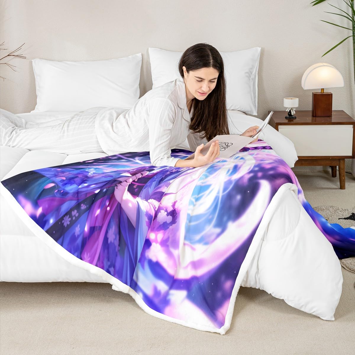 Erosebridal Anime Girl Twin Size Sherpa Blanket for Kids,Kawaii Japanese Anime Fuzzy Plush Throw Cartoon Girl Fleece Blanket Sci Fi Style Japanese Animation Decor for Bed Couch for Kids Girls