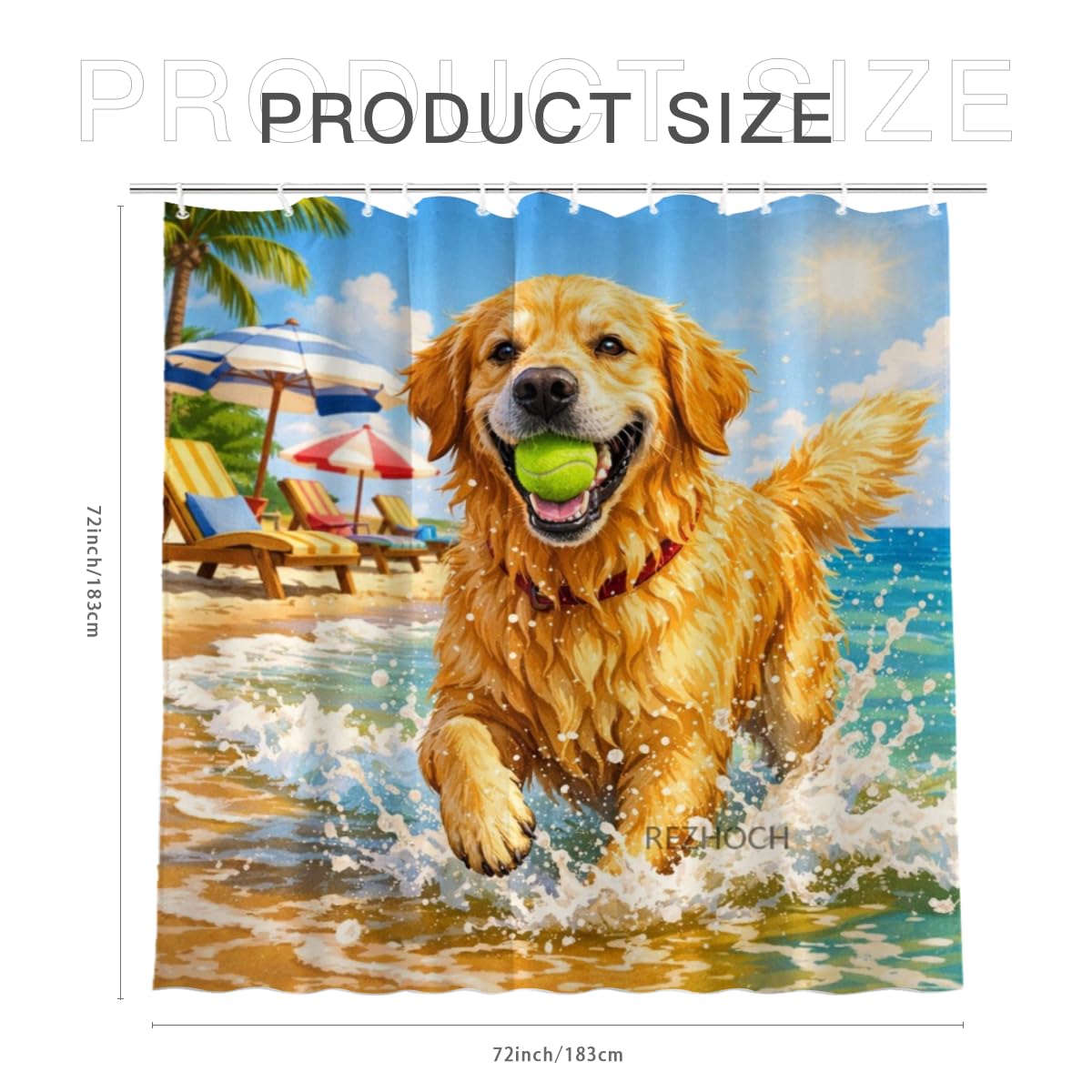REZHOCH Fun Beach Dog Shower Curtain 72x72Inch, Cute Golden Retriever on Sunny Ocean Beach,Coastal Home Bathroom Decor,Summer Seaside Animal Art Waterproof Fabric Bath Set with Hooks