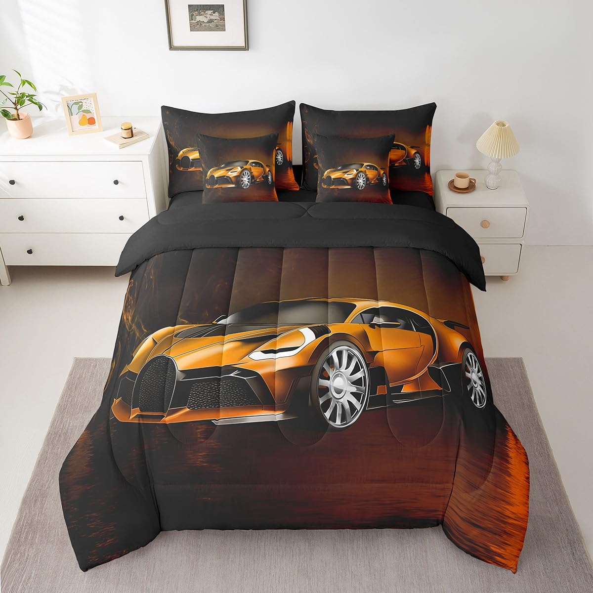 Feelyou Race Car 7 Piece Bedding Set Toddler Twin, Orange Racecar Bed in a Bag for Kids Boys Girls Comforter Set with Sheets Cool Speed Sports Car Bedroom Decor 7 with 1 Pillowcase