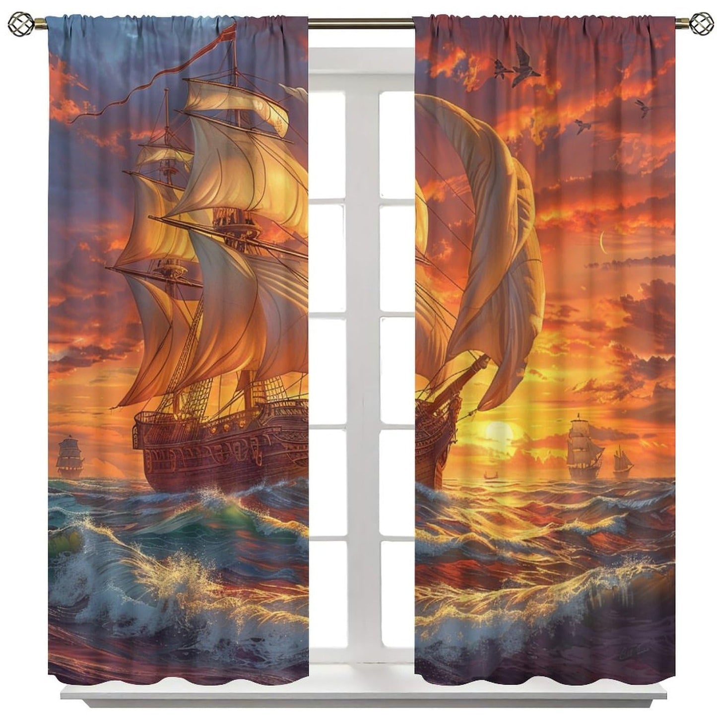 TOWINSFB Fine Sailboat Ship Ocean Blackout Curtains for Living Room Bedroom, Nature Landscape Window Curtains Rod Pocket Thermal Insulated Window Drapes, 2 Panels, Each 21" W x 63" L