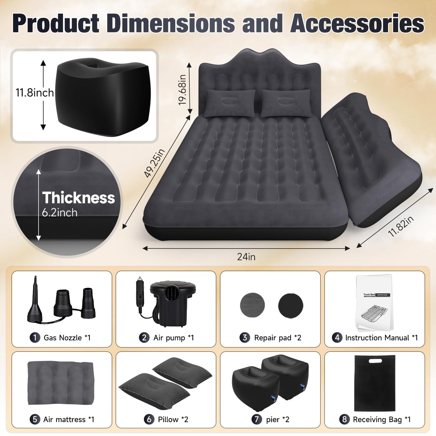 DikaSun Back Seat Car Air Mattress: Inflatable SUV Car Camping Bed for Truck Van, Thickened Double-Sided Flocking Travel Car Sleeping Pad with Air Pump 2 Pillows