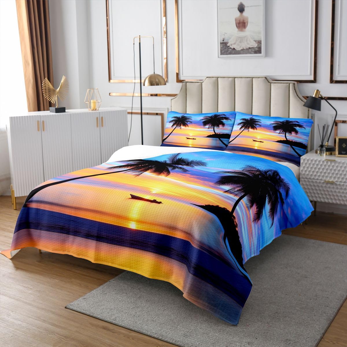 jejeloiu Ocean Sea Bedspread Quilts Sunset Coverlet Set Queen Size for Kids Boys Girls Palm Tree Ship Quilted Coverlet for All Season with 2 Pillowcases Microfiber