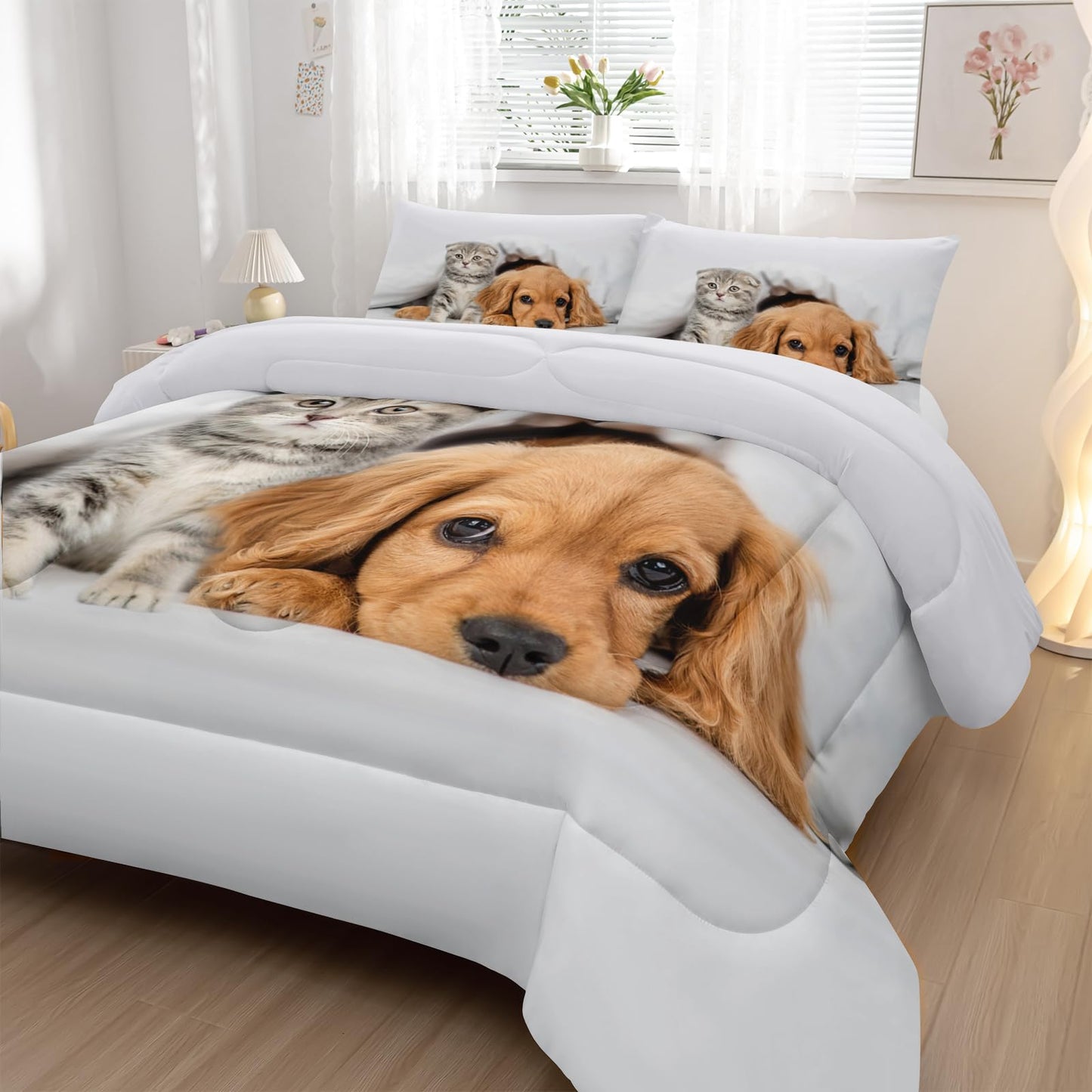 Nttopship Kids Cute 3D Dog Comforter Set 3 Piece Cat and Golden Retriever Bedding Set Twin Size for Kids Cute Pet Bedding Bed in A Bag Bed,Pet Room Decor Comforter with 2 Pillowcases