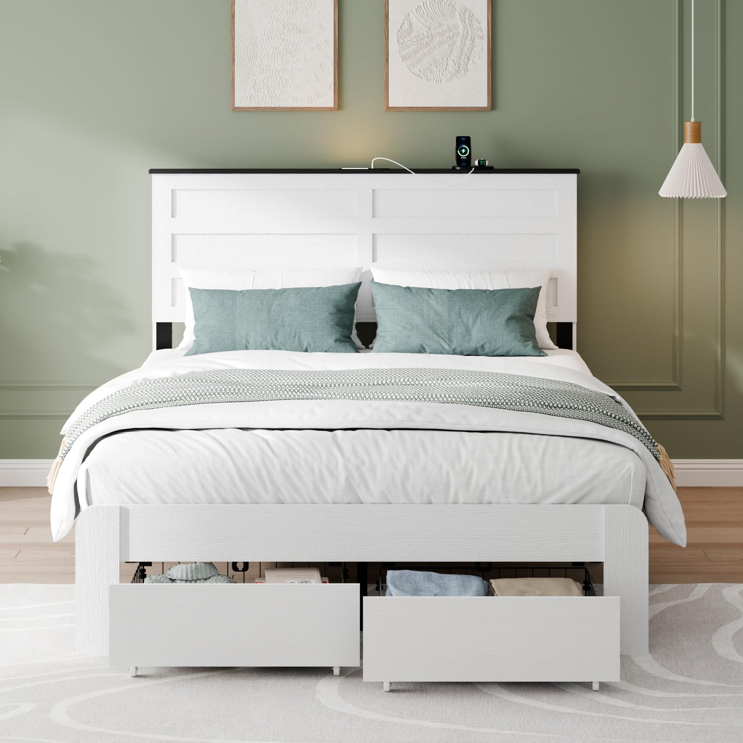 SAMTRA Wooden Bed Frame with Storage Drawers, LED Headboard & Charging Station, Wood Platform Bed Frame with Tall Headboard, No Box Spring Needed, Full Size, White
