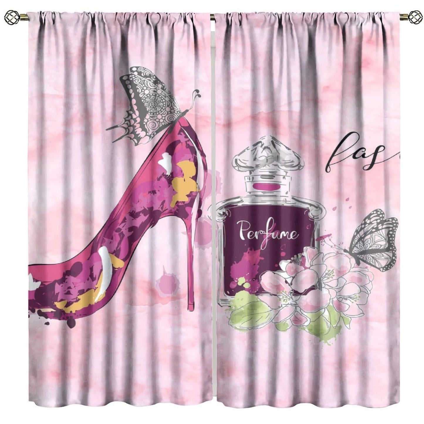 Pink Modern Fashion Curtains For Woman Gorgeous Red High Heel Shoes Perfume Flower Butterfly Rod Pocket Window Drapes For Teenage Girls Bedroom Living Room Bathroom 2 Panels 41x45 ln(No Blackout)