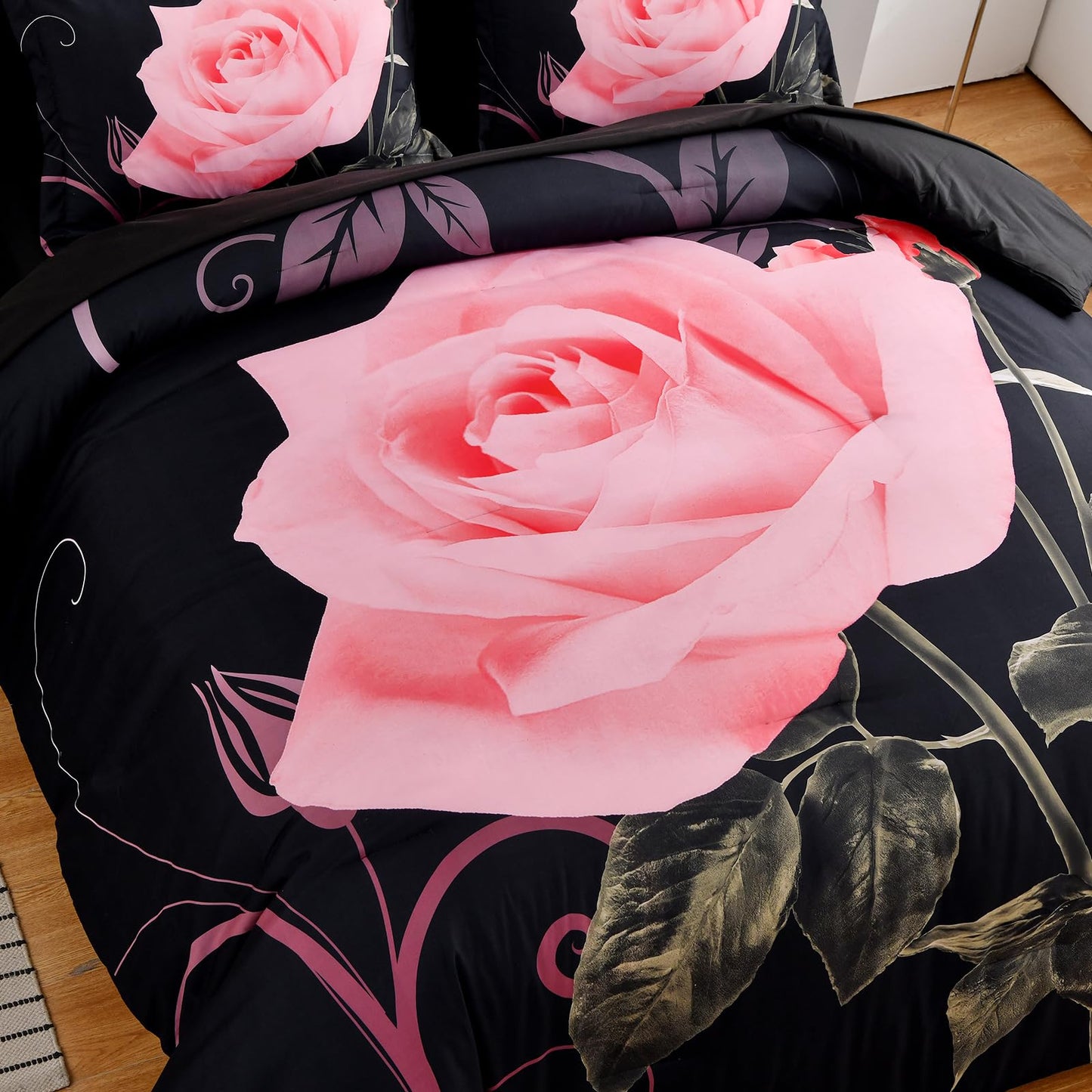 Xruibed Blush Comforter Set King 7 Piece Bed in a Bag Blush Rose Flower Comforter with Sheet Set Soft Micorfiber Bedding Set (1 Comforter,2 Pillow Shams,1 Flat Sheet,1 Fitted Sheet,2 Pillowcases)