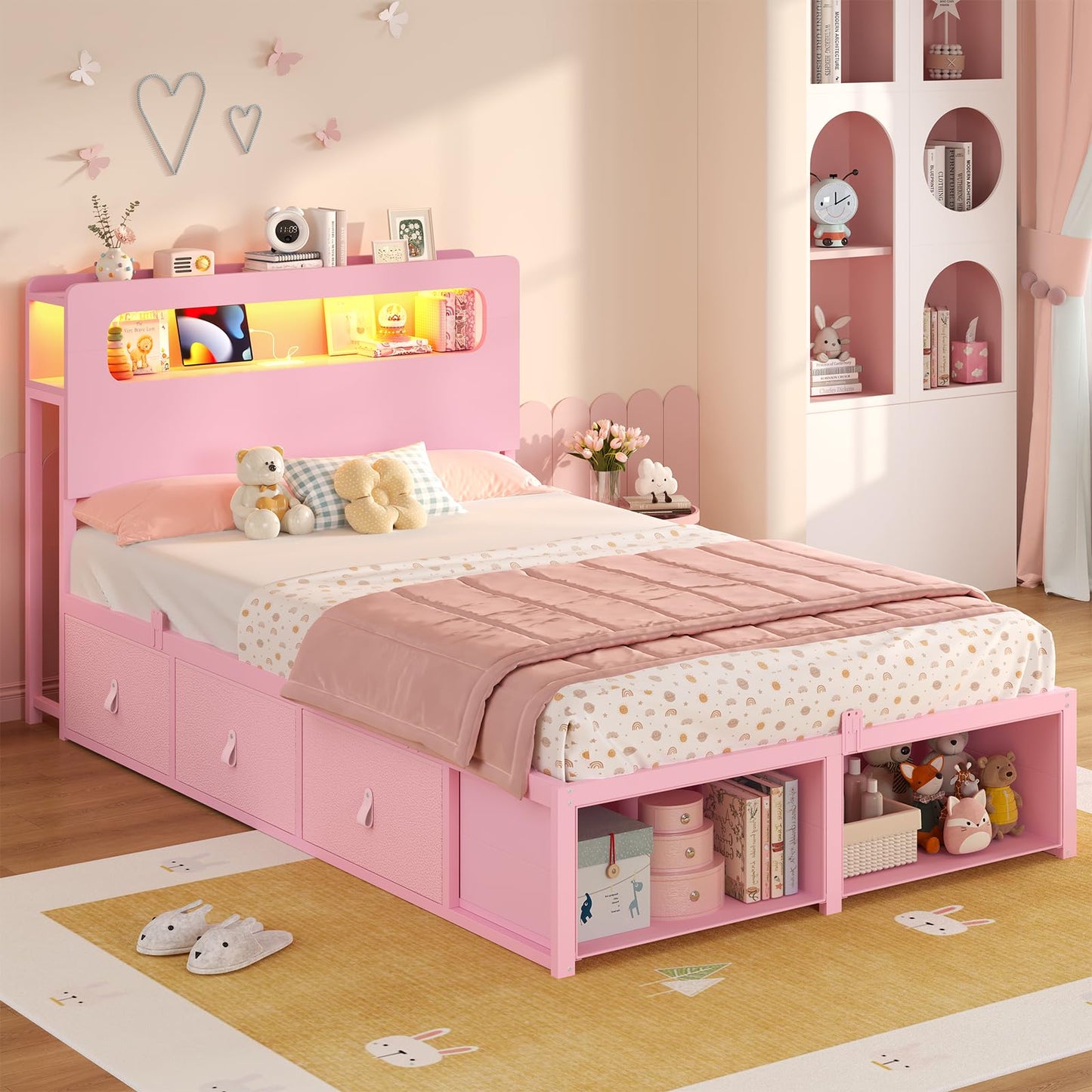 ADORNEVE Twin Bed Frame with 6 Drawers & LED Lights for Girls, Pink