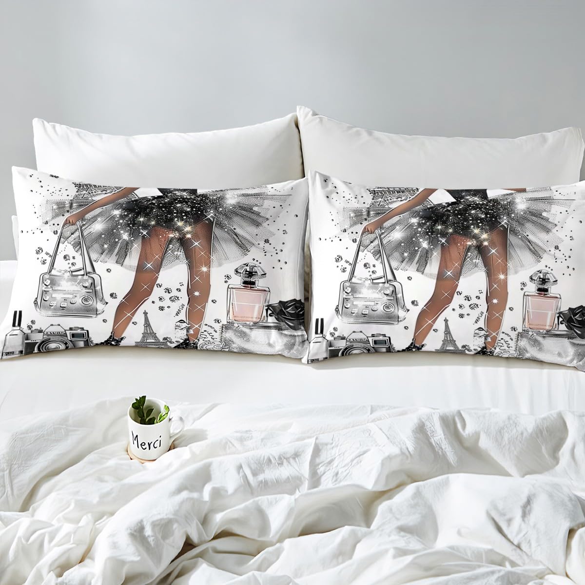 Erosebridal Paris King Bed Sheets | Romantic Women Dress Sheets Camera Bag Eiffel Tower Flat Fitted Sheet Girly Modern Fashion Bed Sets