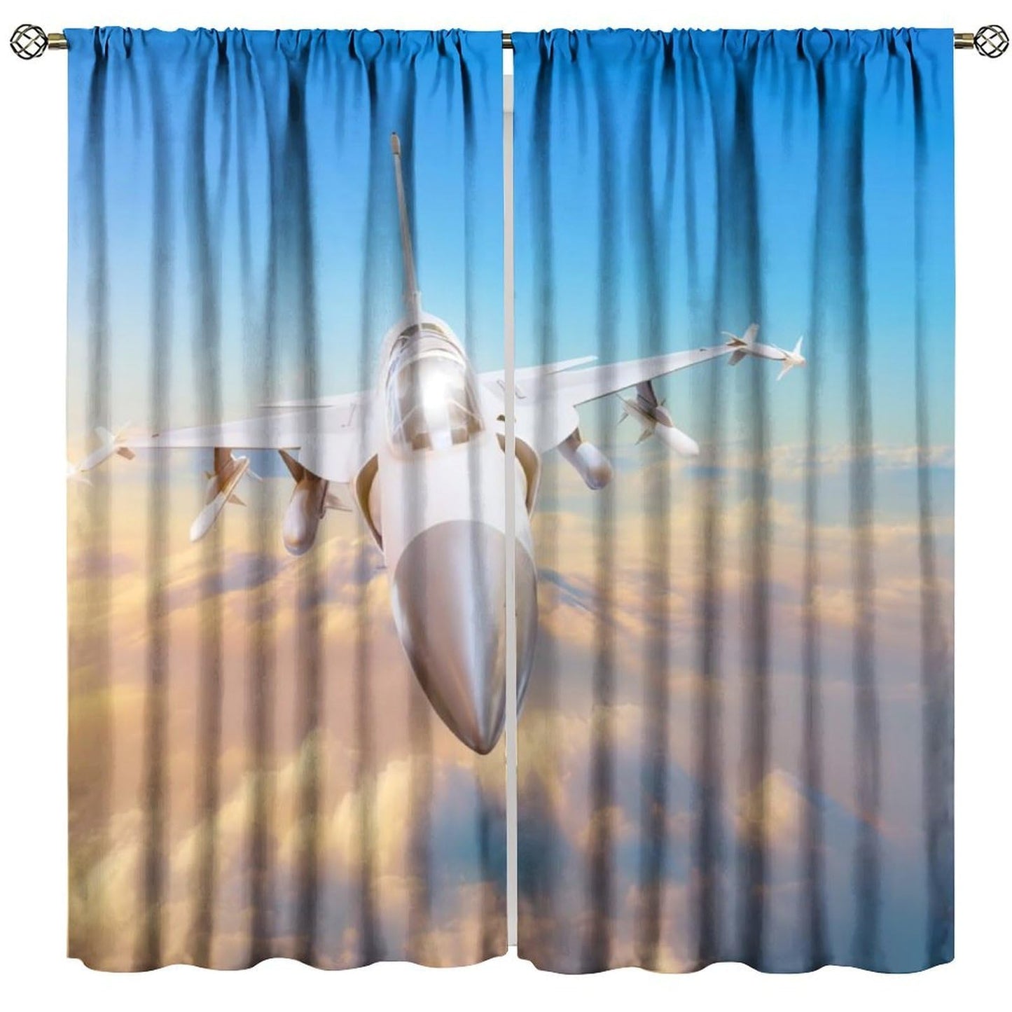 Airplane Curtains Old Military Combat Aircraft American Flag Picture Rod Pocket Window Treatments for Kids Boys Living Room Kitchen Bedroom 2 Panel Set 41" x 45" (No Blackout)