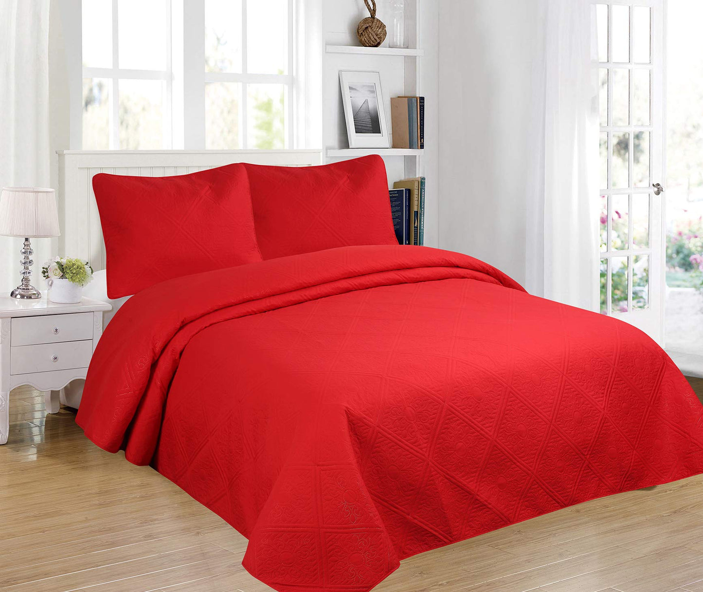 All American Collection 3pc Modern Contemporary Soft Comfy Bedroom Bedspread Quilt Set (Red, King/Cal King)