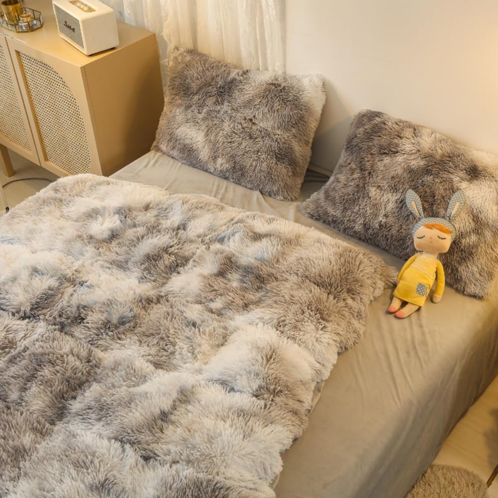 chovy Faux Fur Tie-Dyed Black White Gray Colorful Comforter Sets Queen - 3PC Bed Set Ultra Soft Plush Flannel Velvet Fluffy Fuzzy Bedding(Comforter x 1 Pillowcases x 2)