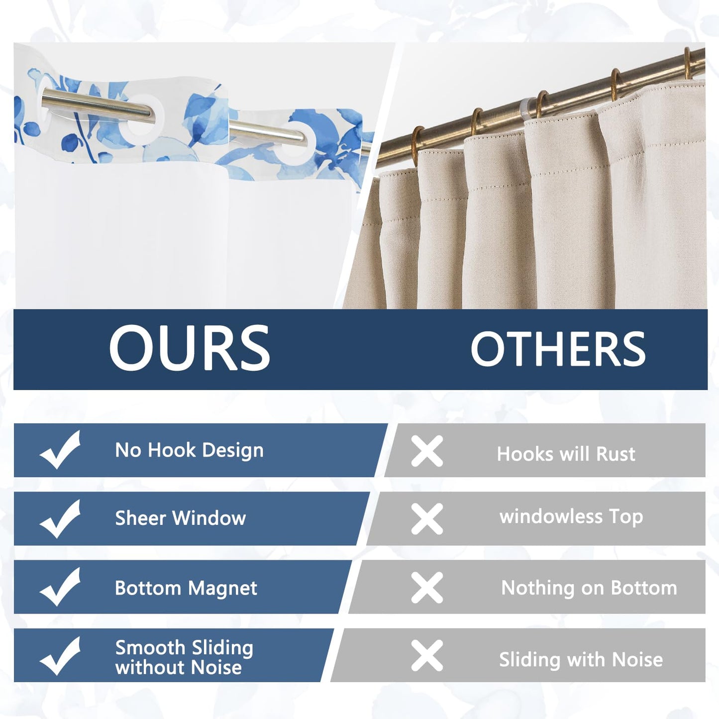 NAEMBCU No Hook Shower Curtain with Snap-in Liner 71x74 Inch